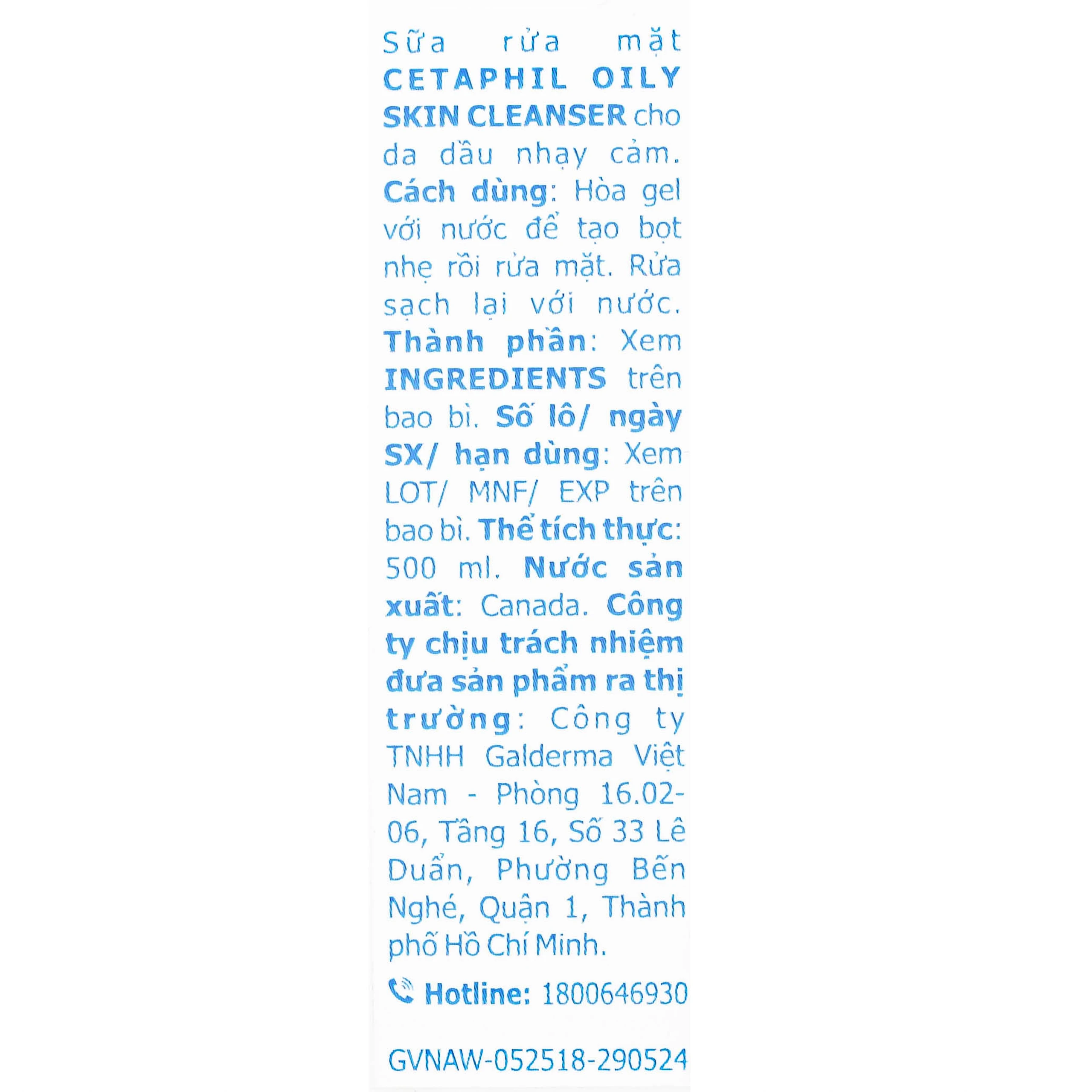 Sữa rửa mặt cho da dầu Cetaphil Oily Skin Cleanser 500ml