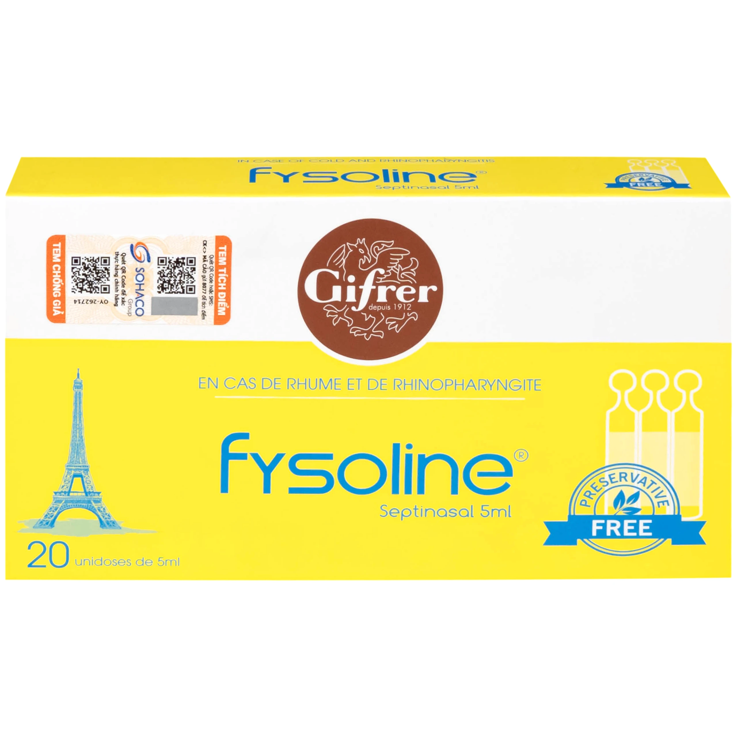 Nước muối sinh lý Fysoline Septinasal (20 ống x 5ml) giúp giảm sổ mũi, viêm mũi, nghẹt mũi, dùng được cho trẻ sơ sinh
