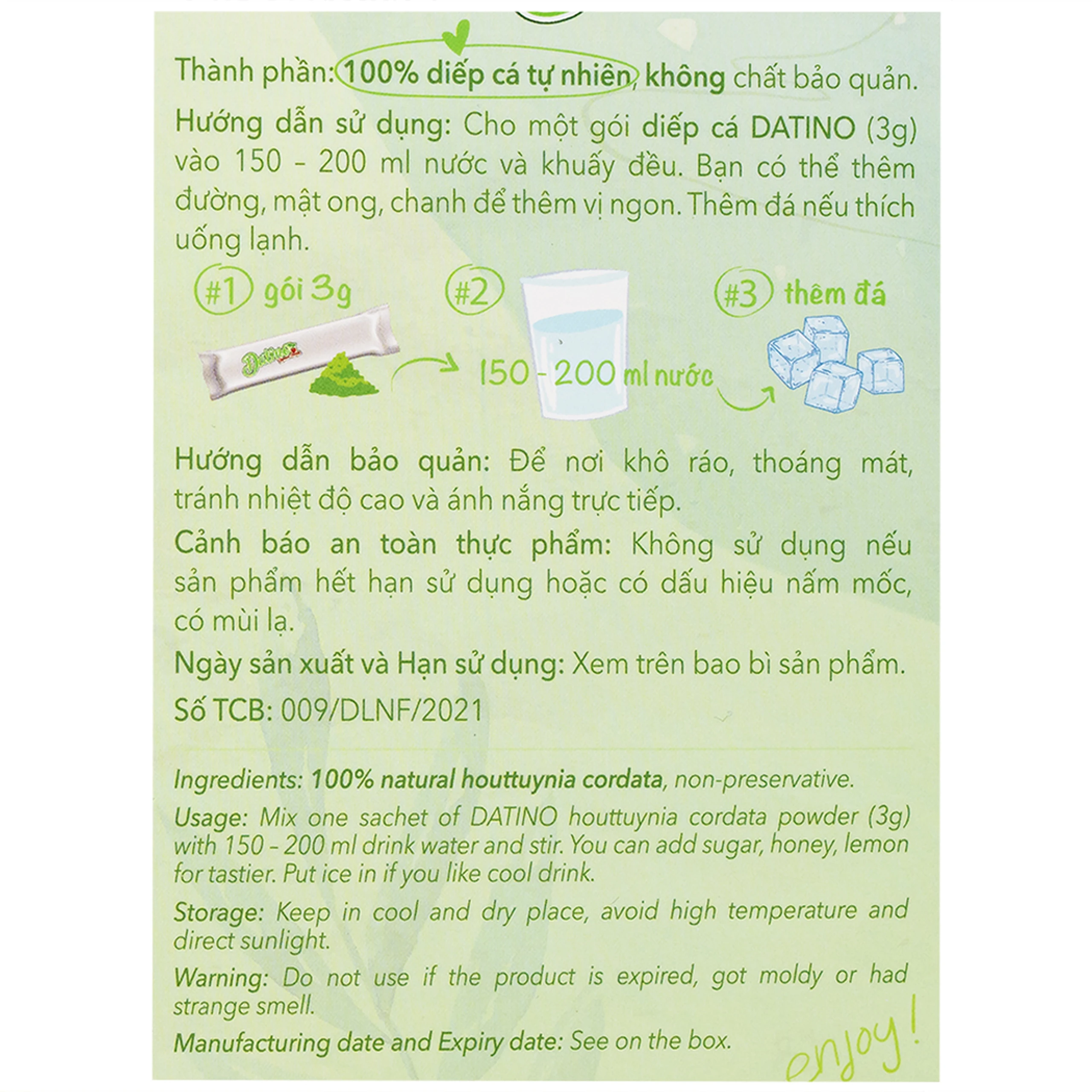 Bột Diếp Cá Nguyên Chất Datino (15 gói x 3g)