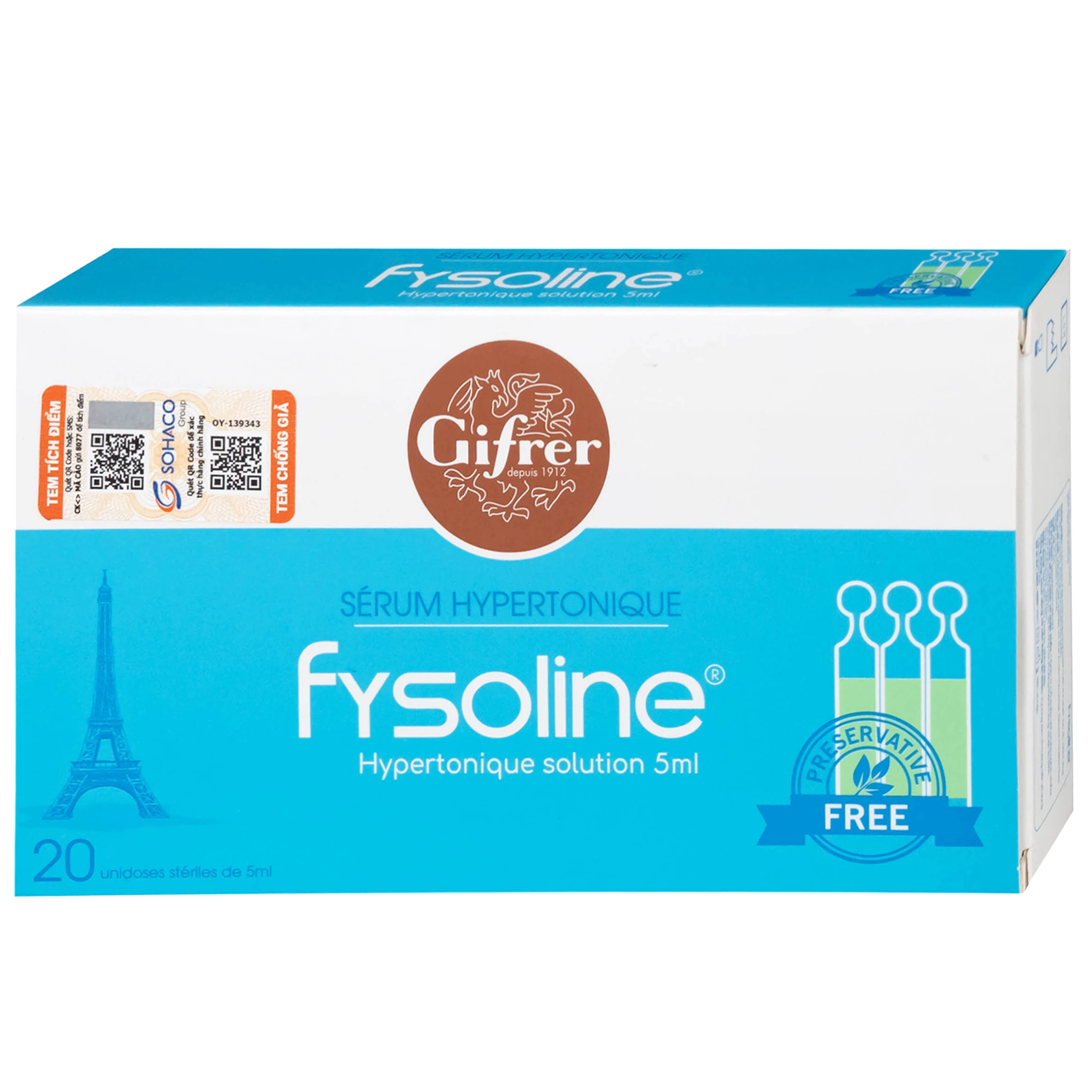 Nước muối sinh lý Fysoline Hypertonique ưu trương (20 ống x 5ml) giúp giảm phù nề và giữ ẩm niêm mạc mũi