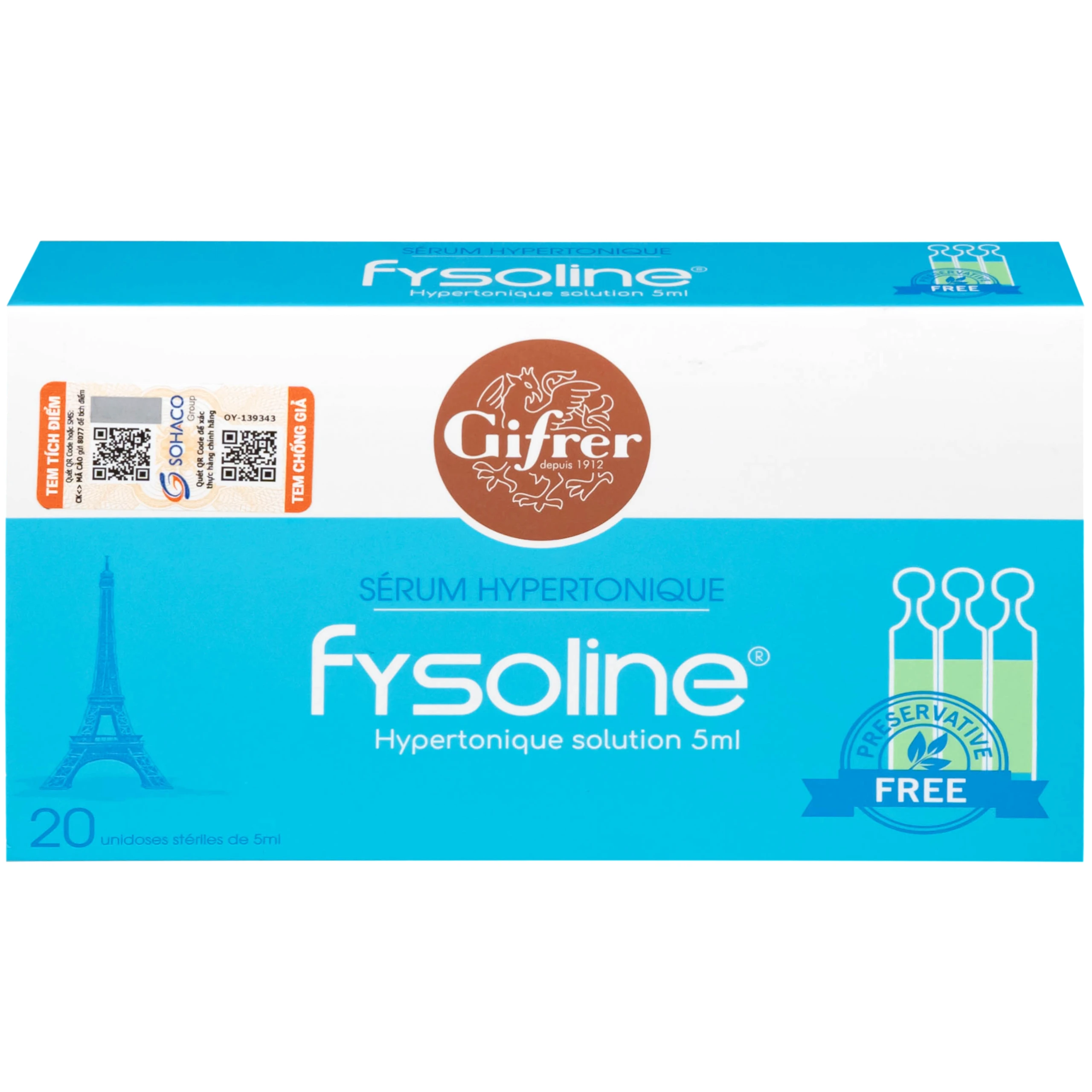 Nước muối sinh lý Fysoline Hypertonique ưu trương (20 ống x 5ml) giúp giảm phù nề và giữ ẩm niêm mạc mũi