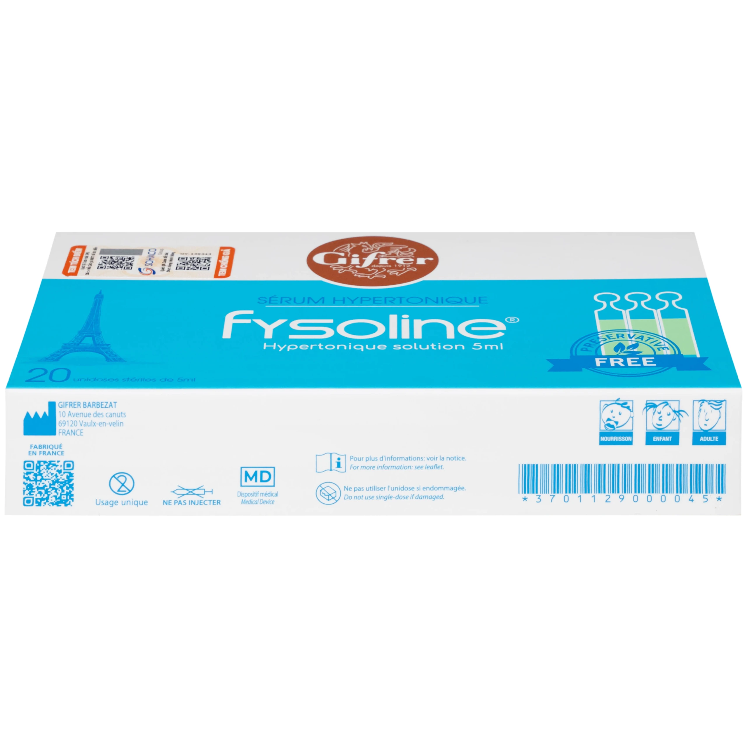 Nước muối sinh lý Fysoline Hypertonique ưu trương (20 ống x 5ml) giúp giảm phù nề và giữ ẩm niêm mạc mũi