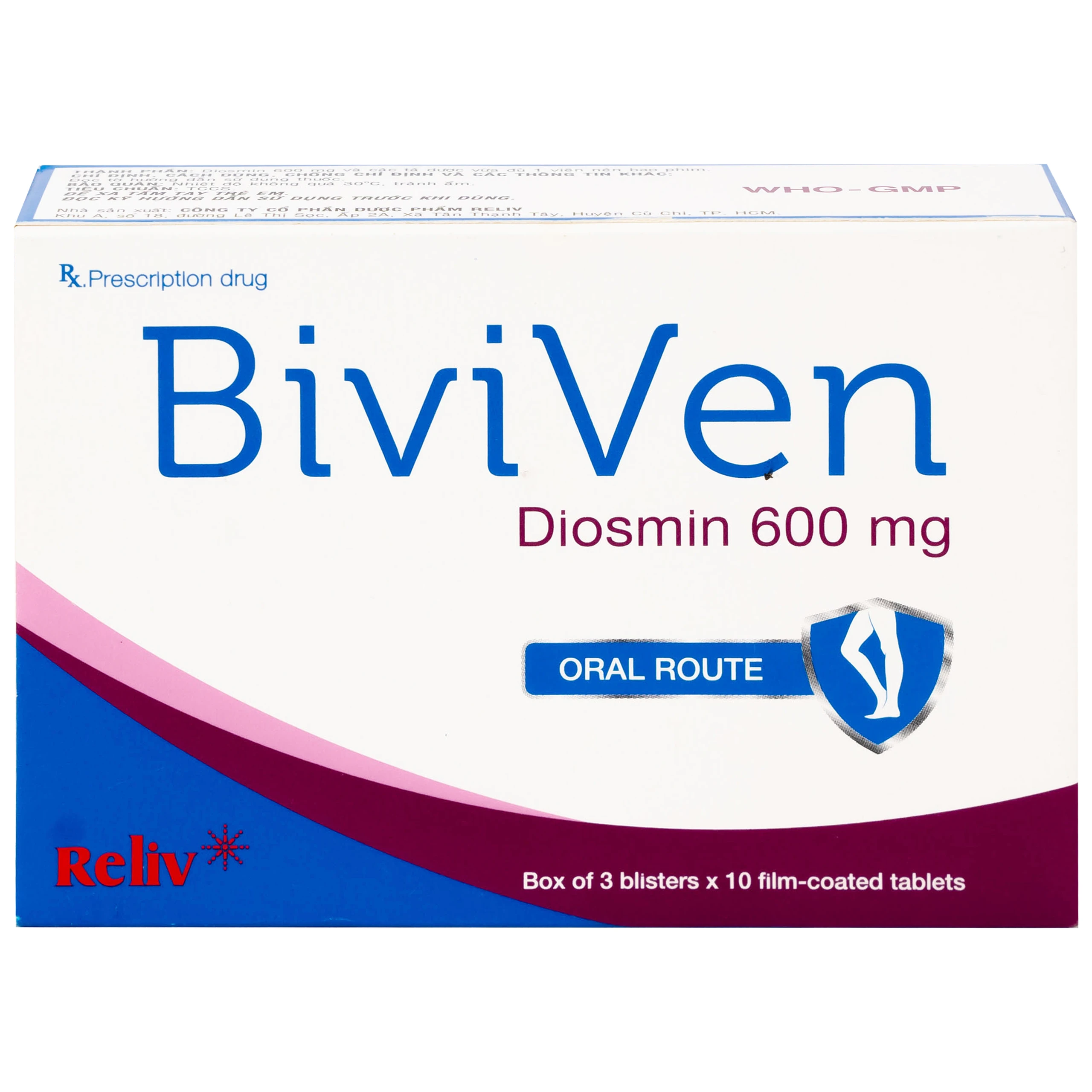 Thuốc BiviVen 600mg Reliv hỗ trợ cải thiện triệu chứng suy tuần hoàn tĩnh mạch bạch huyết (3 vỉ x 10 viên)