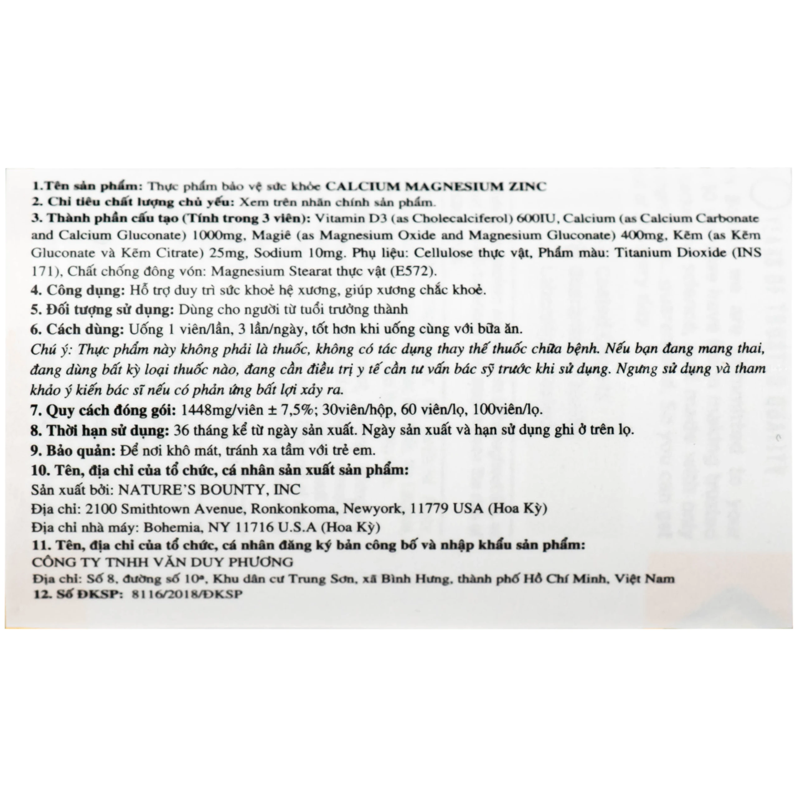 Viên uống giúp xương chắc khỏe, duy trì sức khoẻ hệ xương Calcium Magnesium Zinc Nature's Bounty (100 viên)