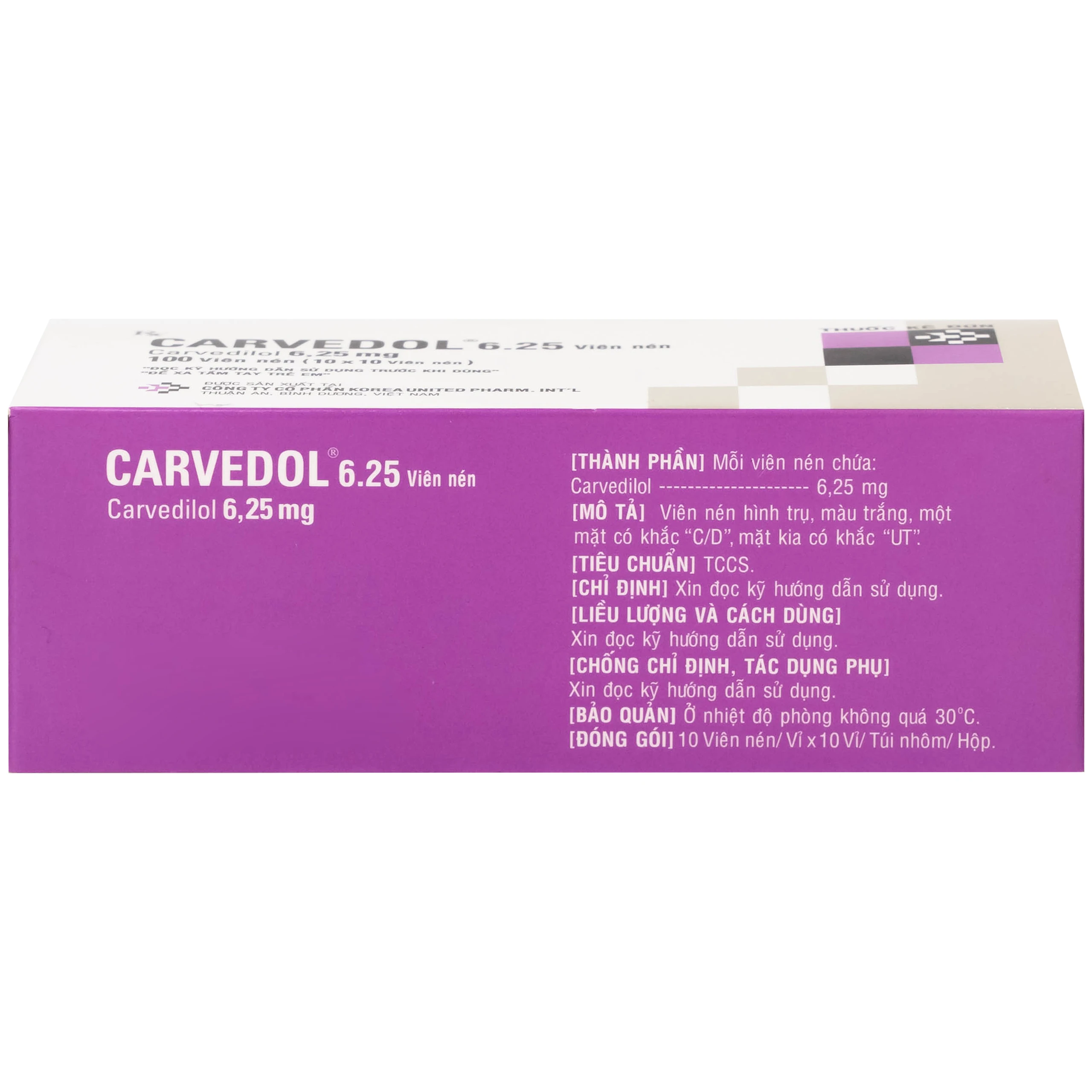Thuốc Carvedol 6.25 United điều trị tăng huyết áp, bệnh mạch vành (10 vỉ x 10 viên)