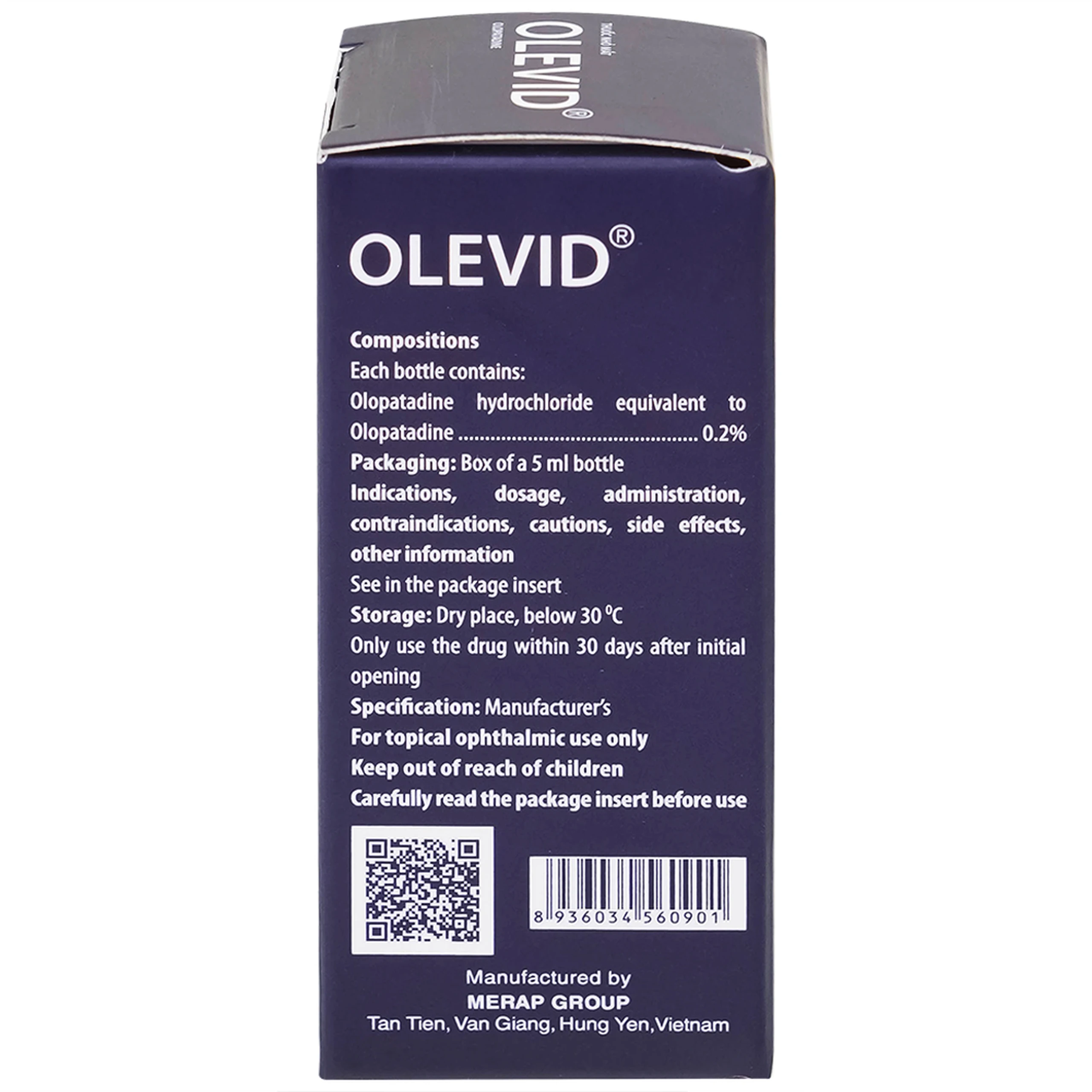 Thuốc nhỏ mắt Olevid Olopatadine 5ml Merap điều trị triệu chứng ngứa mắt của bệnh viêm kết mạc dị ứng
