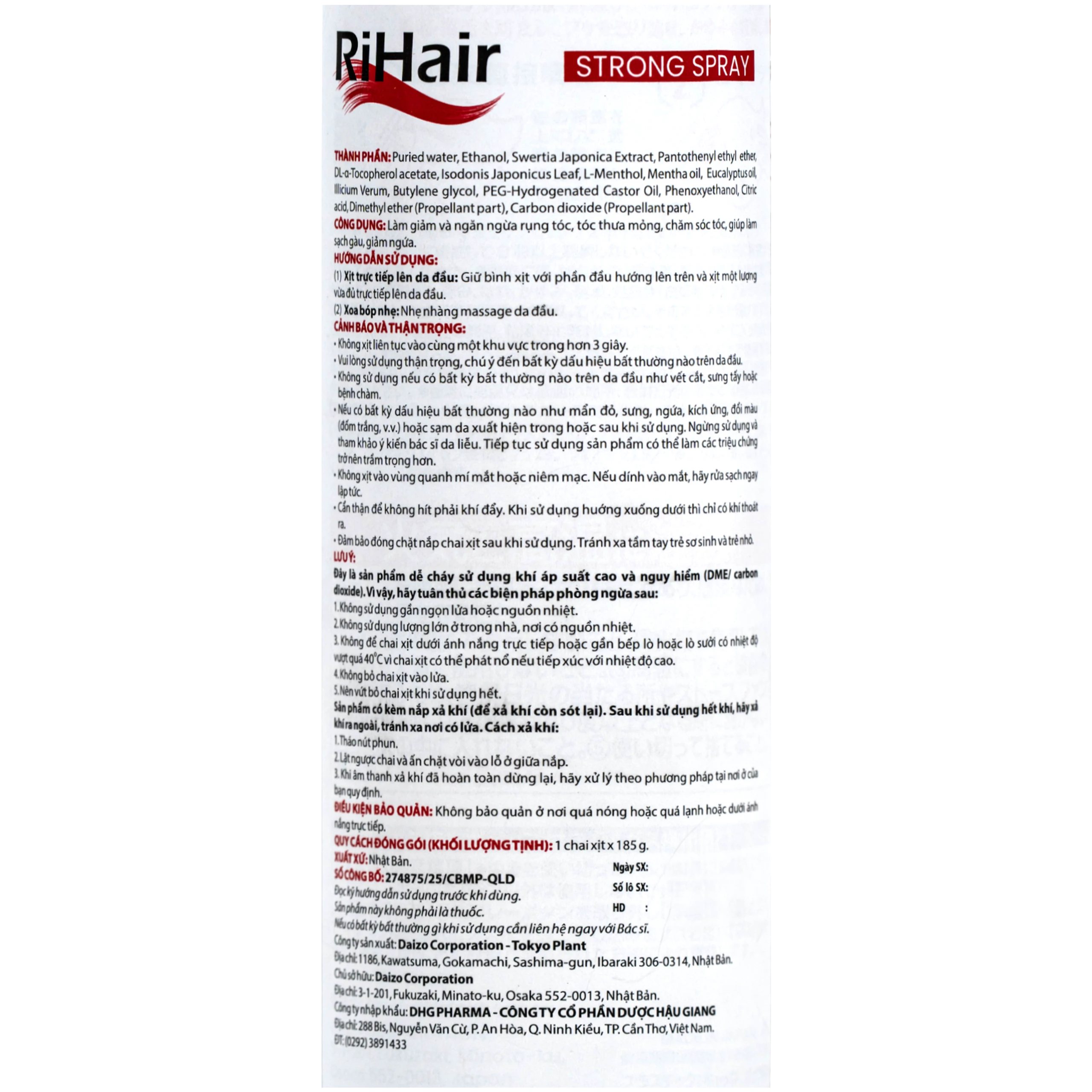 Xịt hỗ trợ ngăn ngừa rụng tóc và kích thích mọc tóc Rihair Strong spray Chai 185g