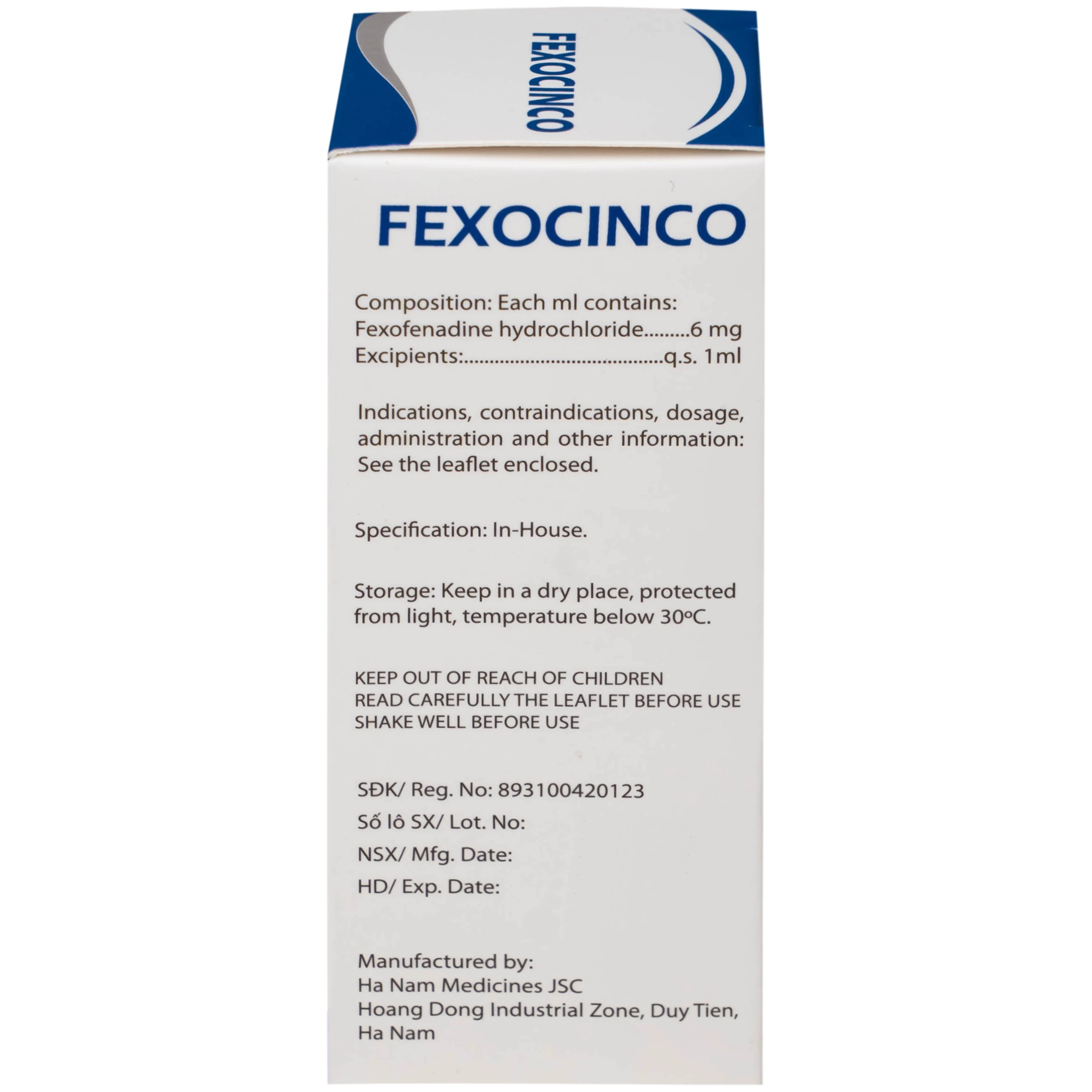 Thuốc Fexocinco 6mg Hà Nam điều trị triệu chứng viêm mũi dị ứng theo mùa và mày đay mạn tính (60ml)