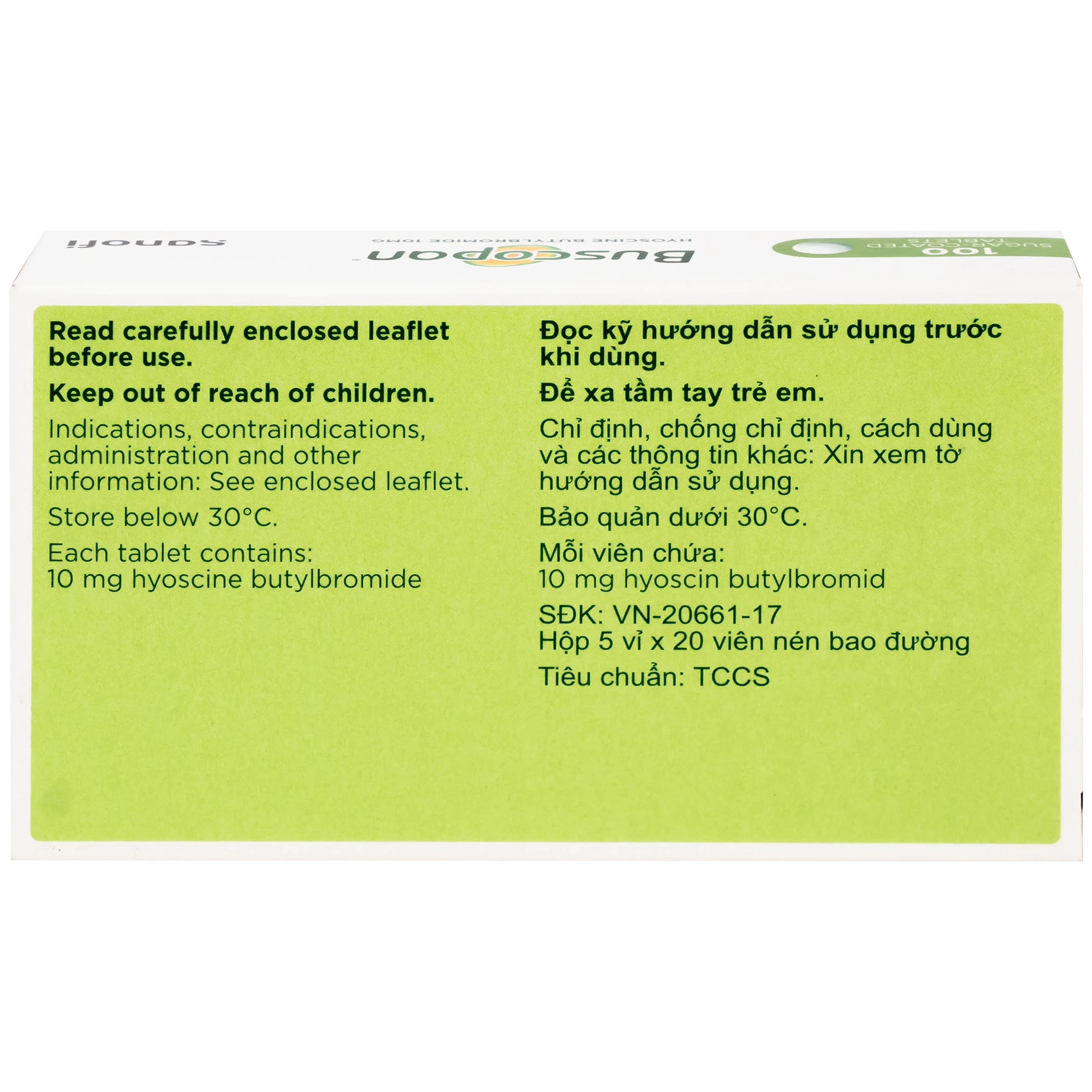 Thuốc Buscopan 10mg Sanofi giảm co thắt cơ trơn đường sinh dục – tiết niệu (5 vỉ x 20 viên)