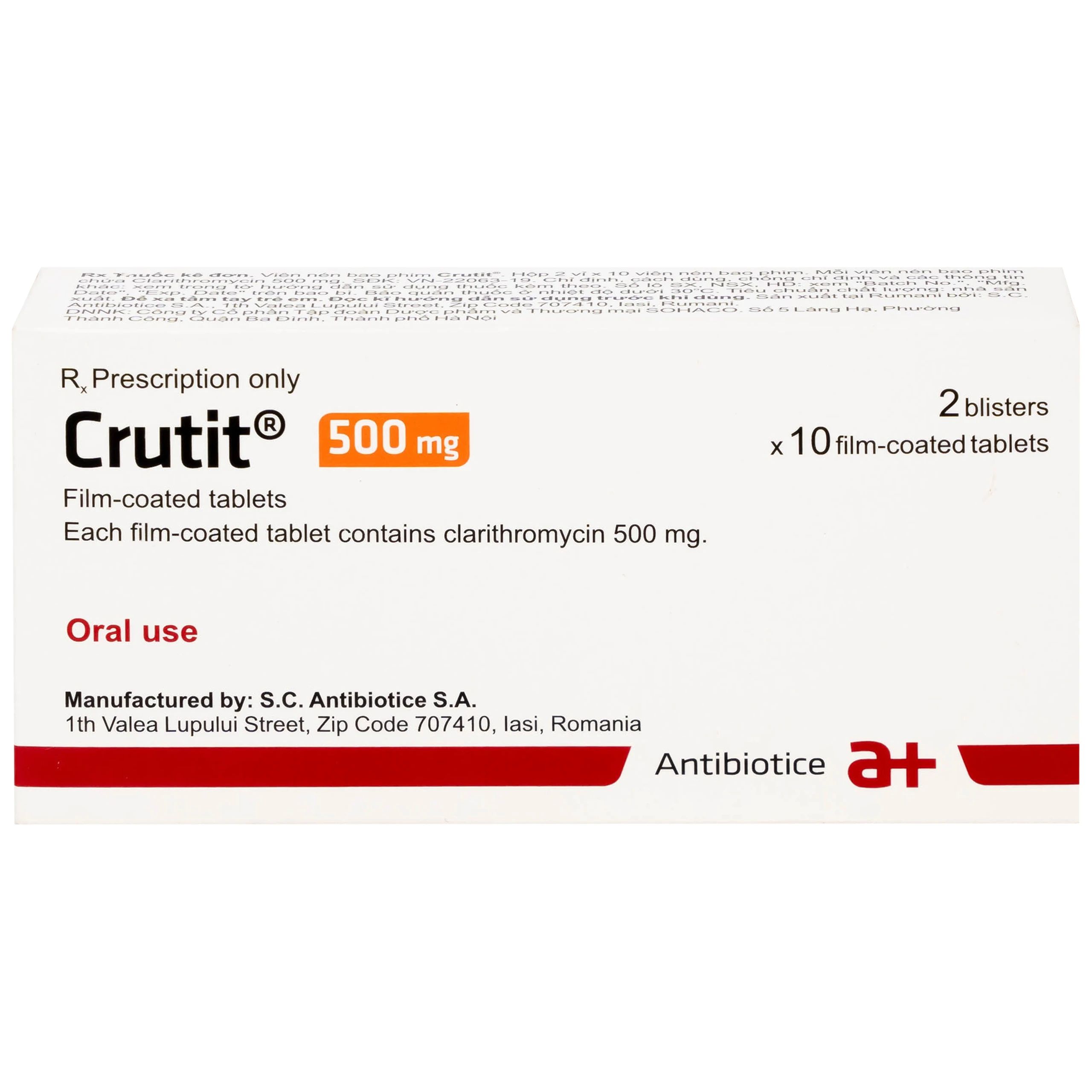 Thuốc Crutit 500mg S.C Antibiotice điều trị các bệnh nhiễm khuẩn do các vi khuẩn nhạy cảm (2 vỉ x 10 viên)