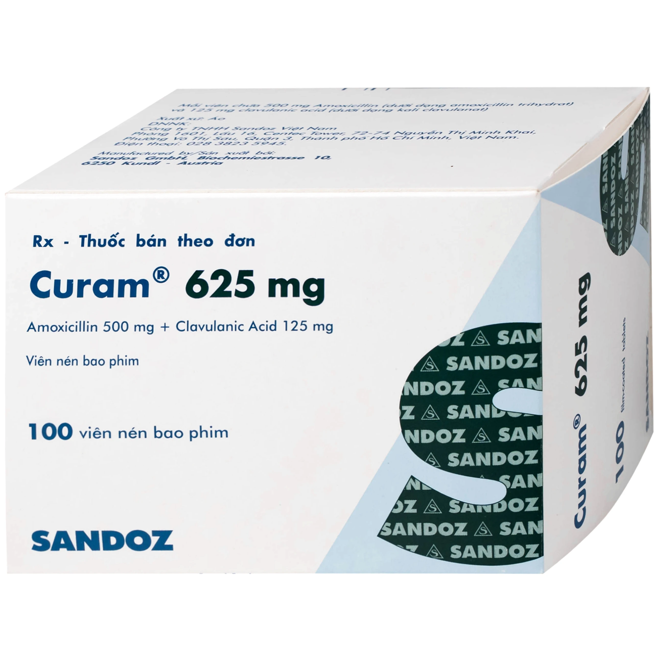 Thuốc Curam 625mg Sandoz điều trị nhiễm khuẩn do các vi khuẩn nhạy cảm (25 vỉ x 4 viên)