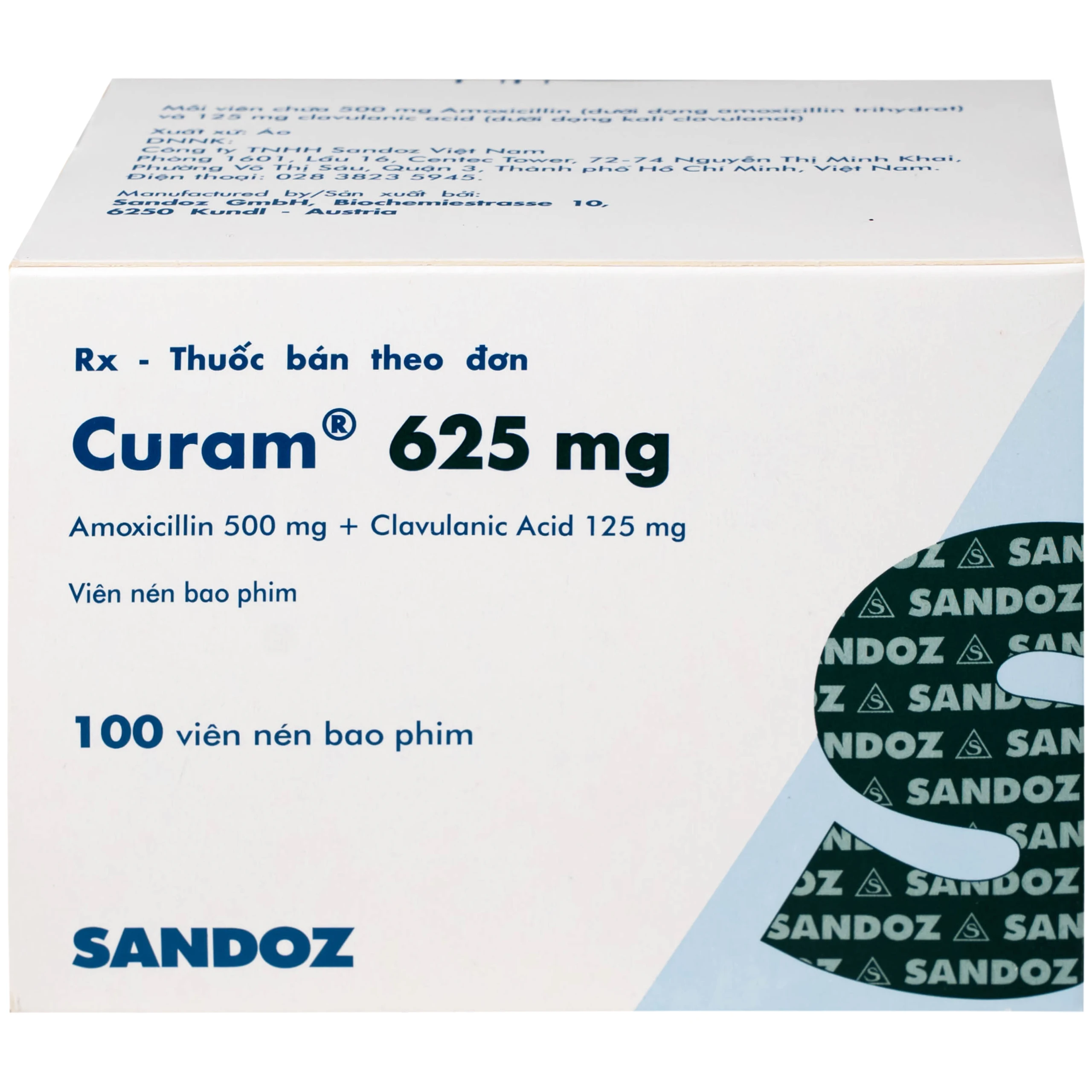 Thuốc Curam 625mg Sandoz điều trị nhiễm khuẩn do các vi khuẩn nhạy cảm (25 vỉ x 4 viên)