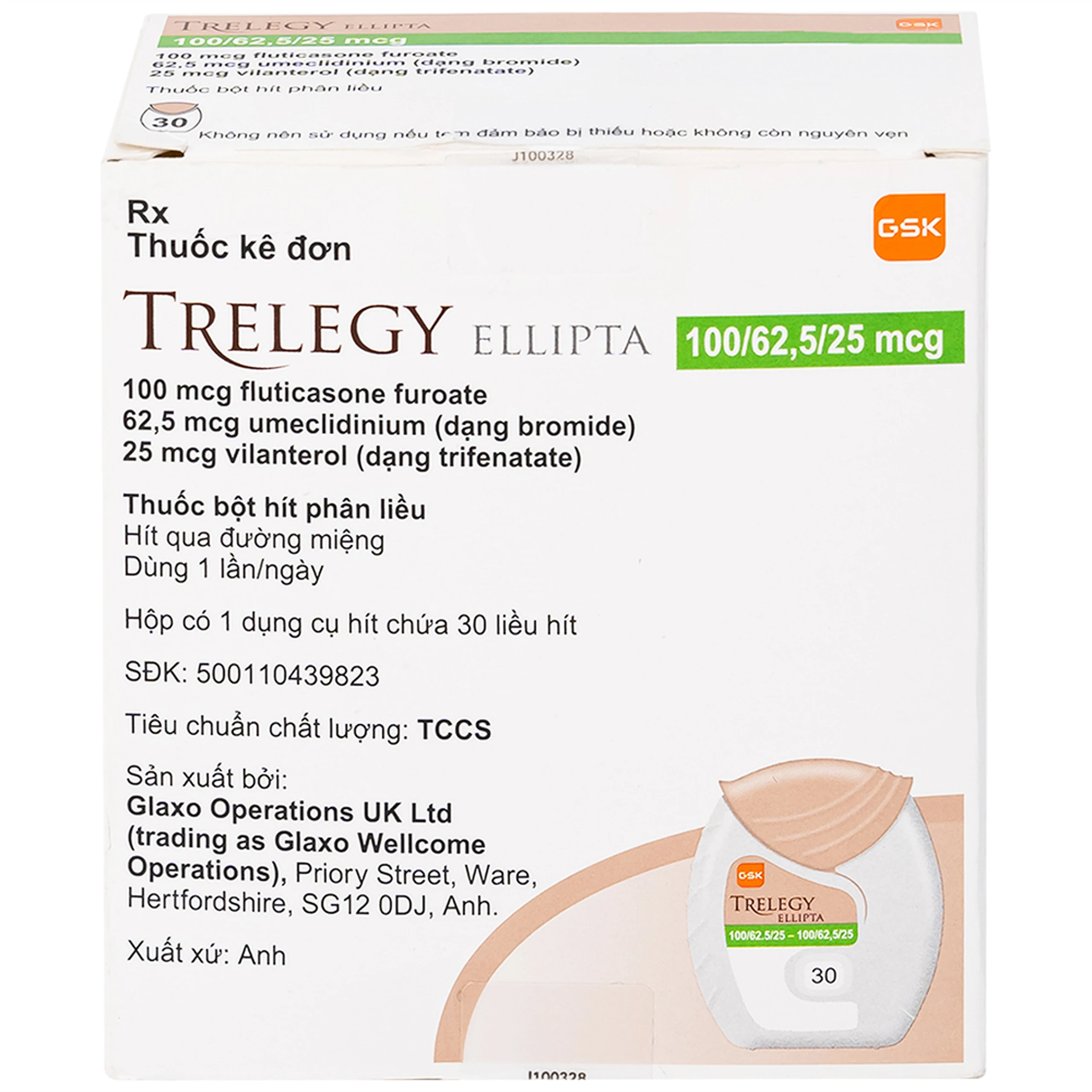 Thuốc bột hít phân liều Trelegy Ellipta GSK điều trị bệnh phổi tắc nghẽn mãn tính (30 liều hít)