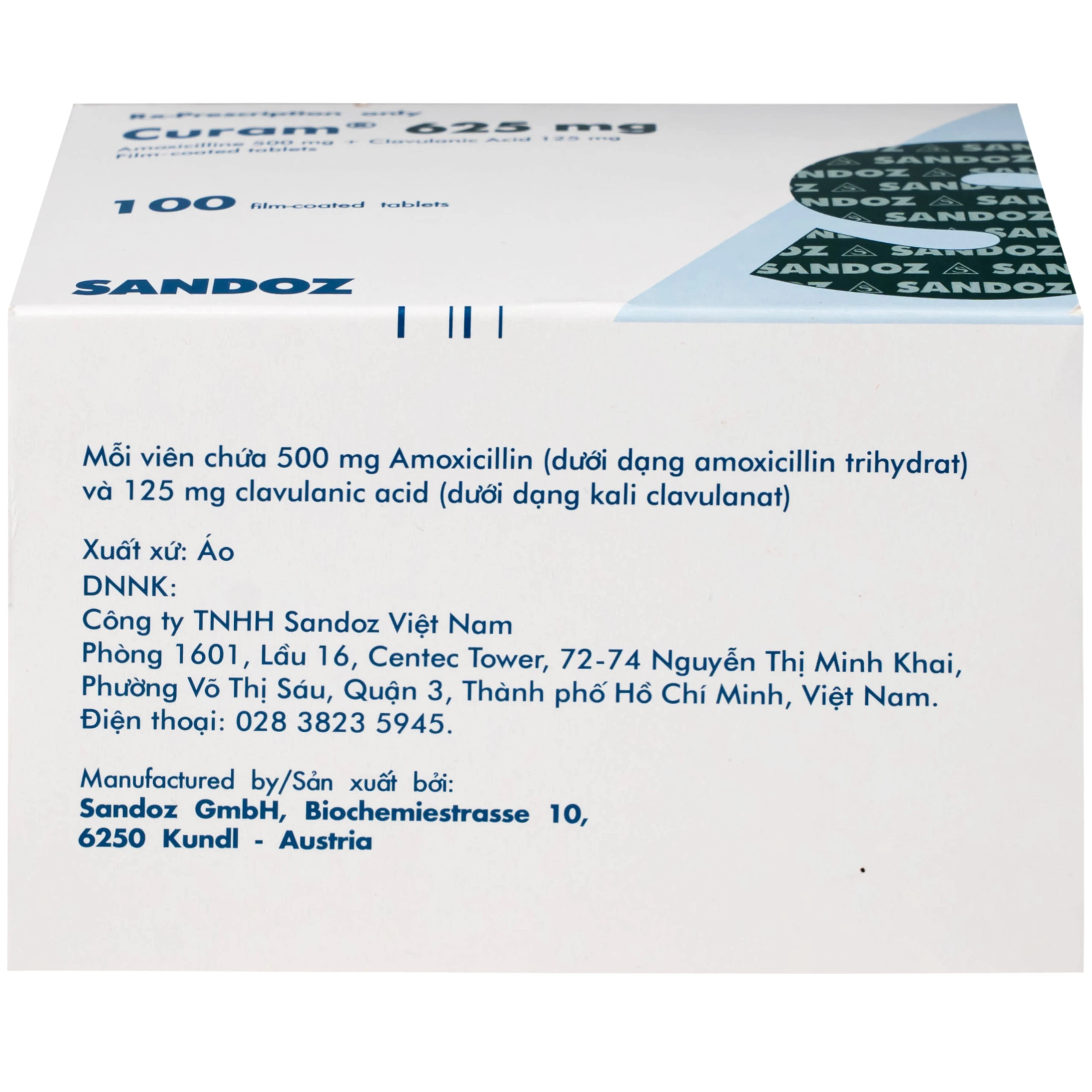 Thuốc Curam 625mg Sandoz điều trị nhiễm khuẩn do các vi khuẩn nhạy cảm (25 vỉ x 4 viên)