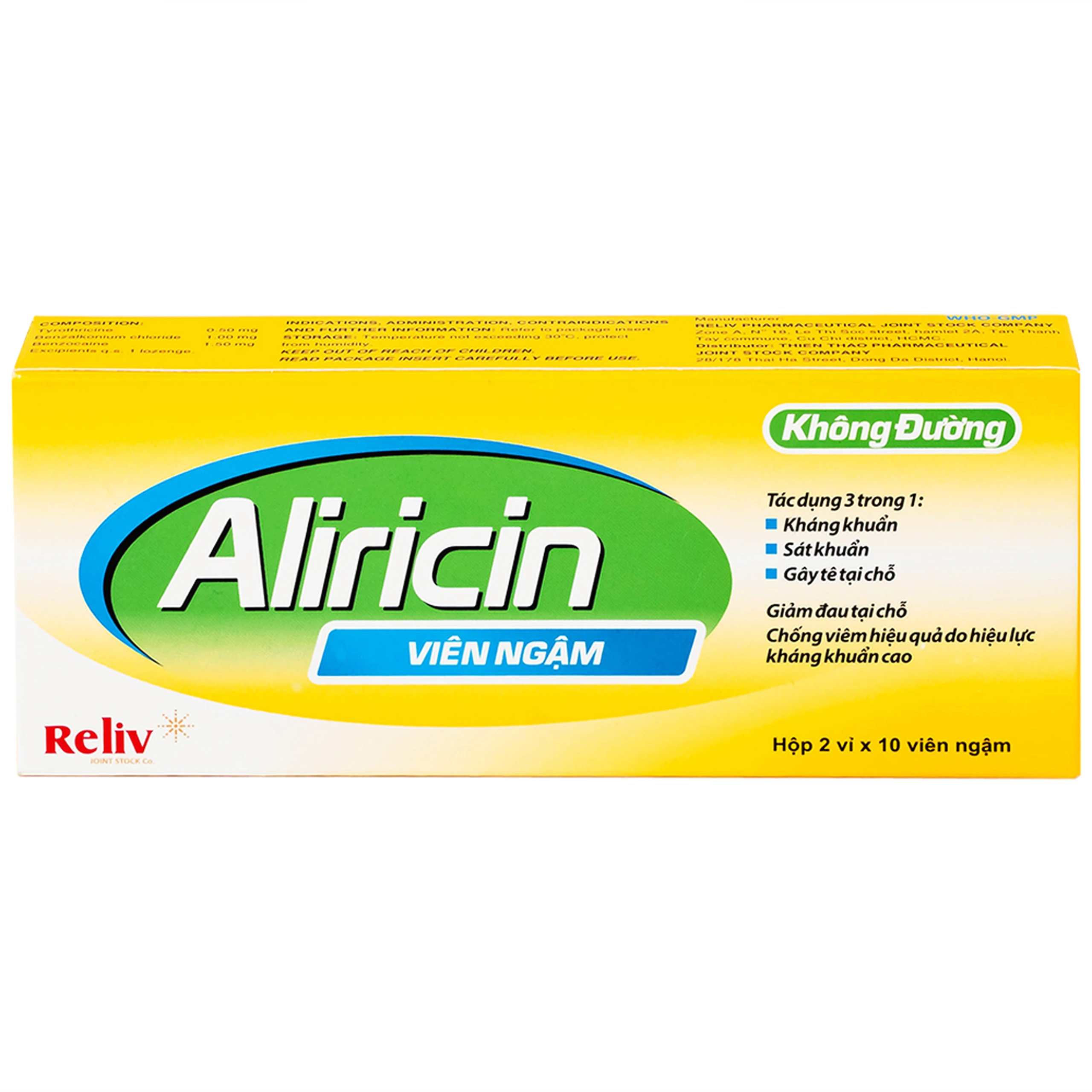 Thuốc Aricicin Reliv điều trị viêm họng, viêm amidan, viêm miệng, viêm hầu (2 vỉ x 10 viên)