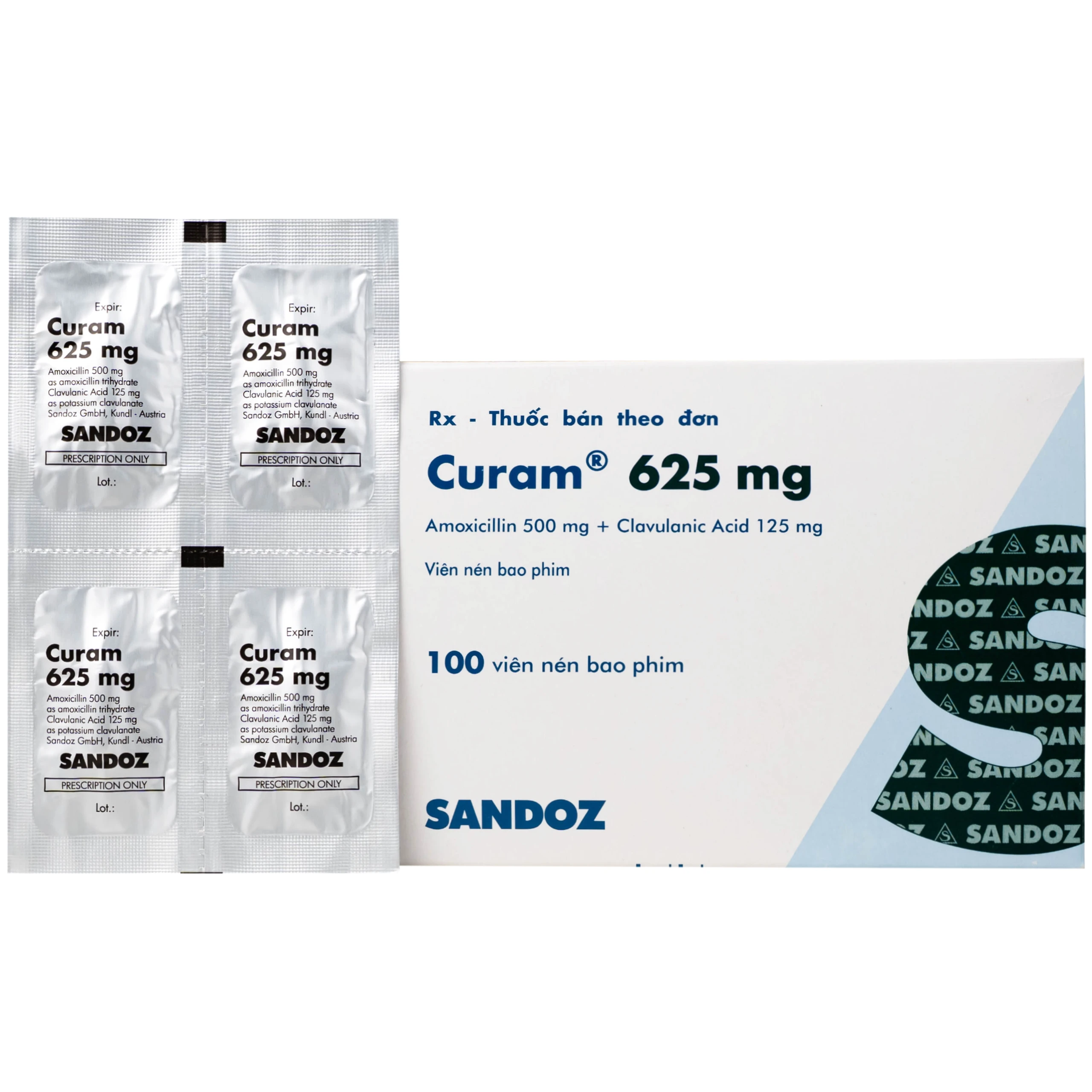 Thuốc Curam 625mg Sandoz điều trị nhiễm khuẩn do các vi khuẩn nhạy cảm (25 vỉ x 4 viên)