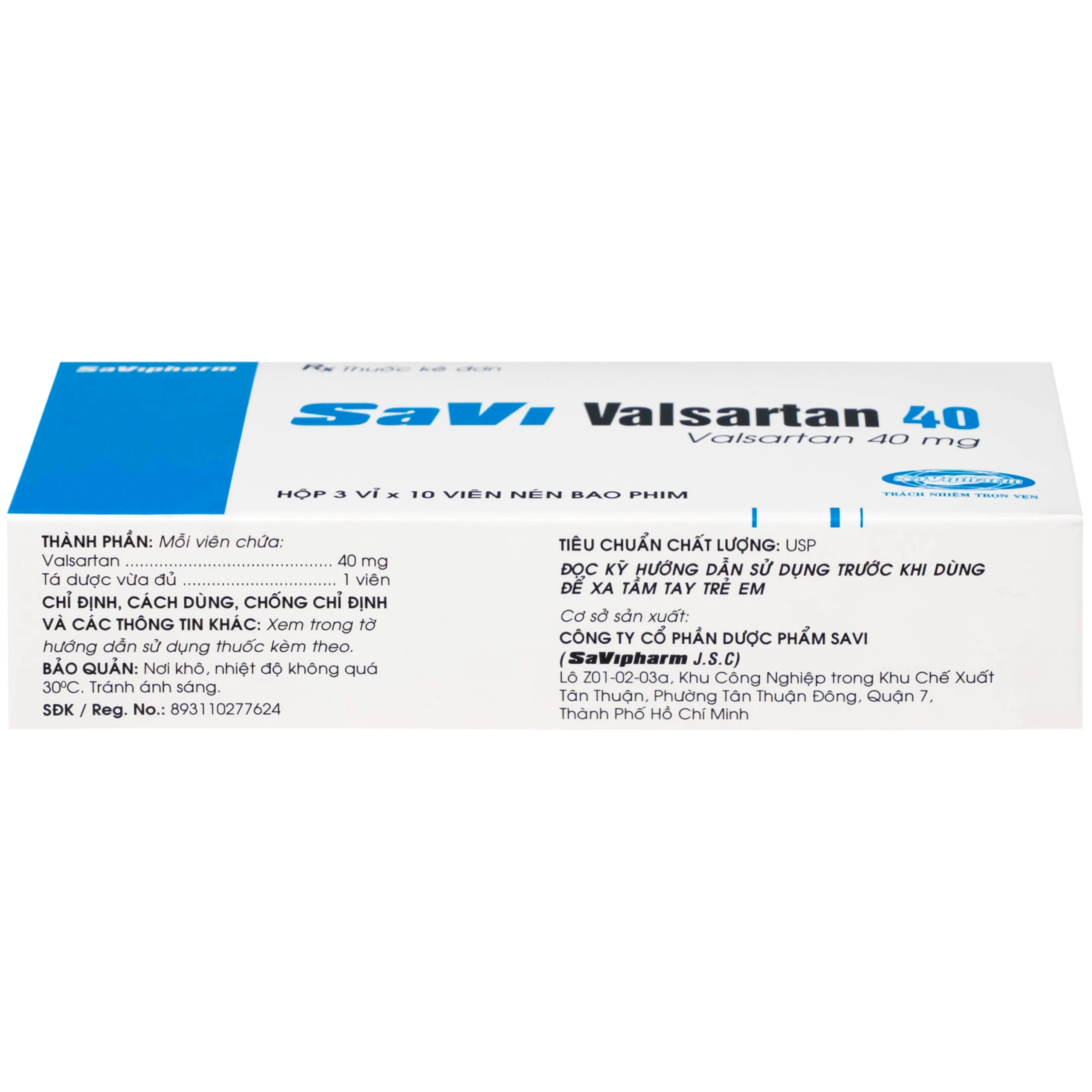 Thuốc SaVi Valsartan 40mg Savipharm điều trị nhồi máu cơ tim, suy tim và tăng huyết áp (3 vỉ x 10 viên)