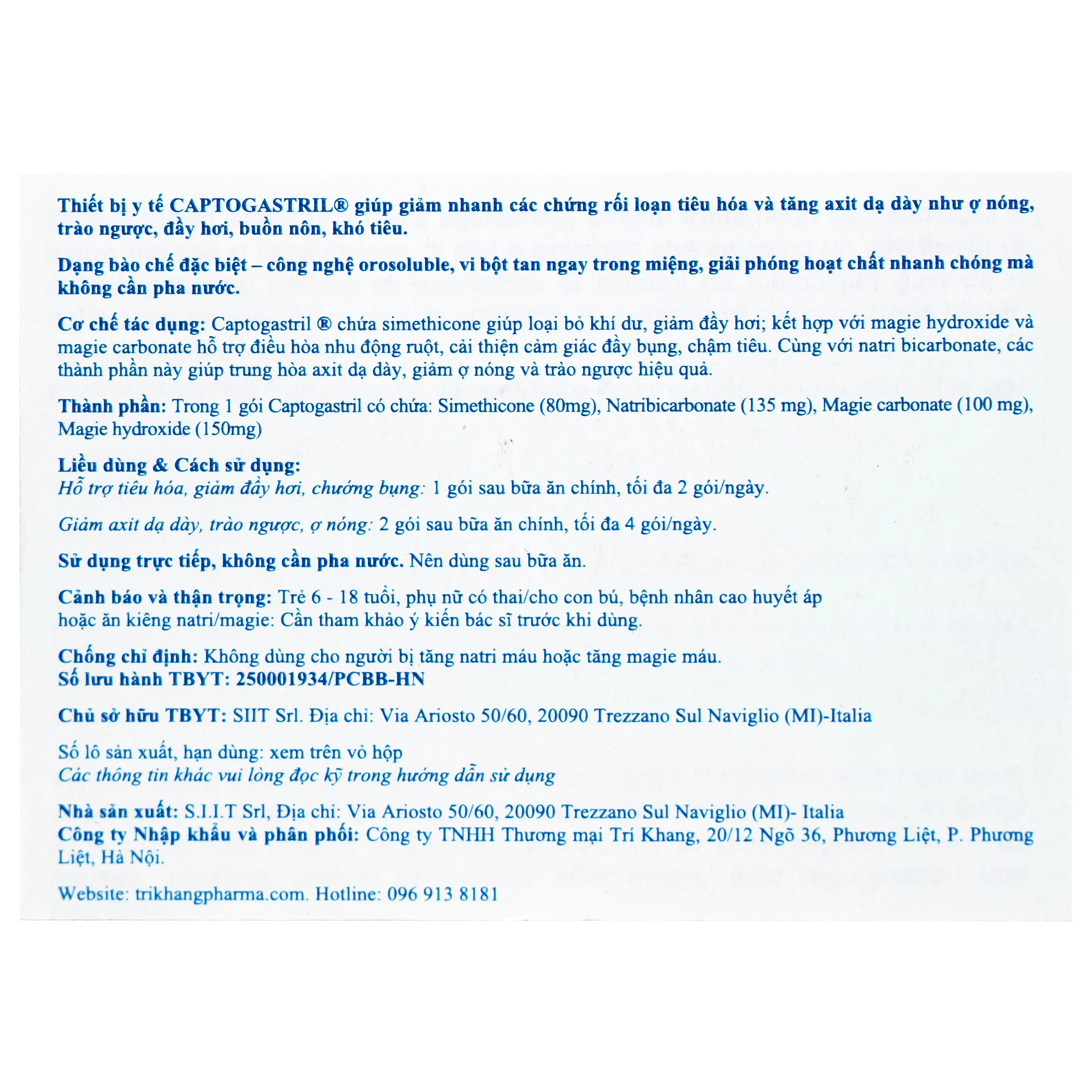 Vi bột Captogastril giảm nhanh acid, đau dạ dày, ợ nóng, đầy hơi, buồn nôn, khó tiêu hộp 20 gói