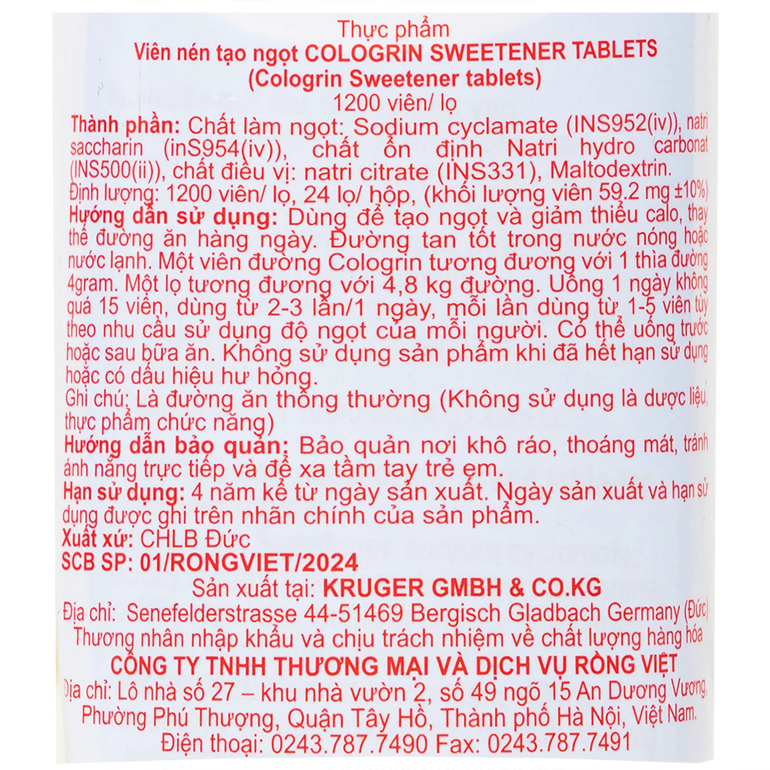 Đường Ăn Kiêng Cologrin Kruger (1200 viên)