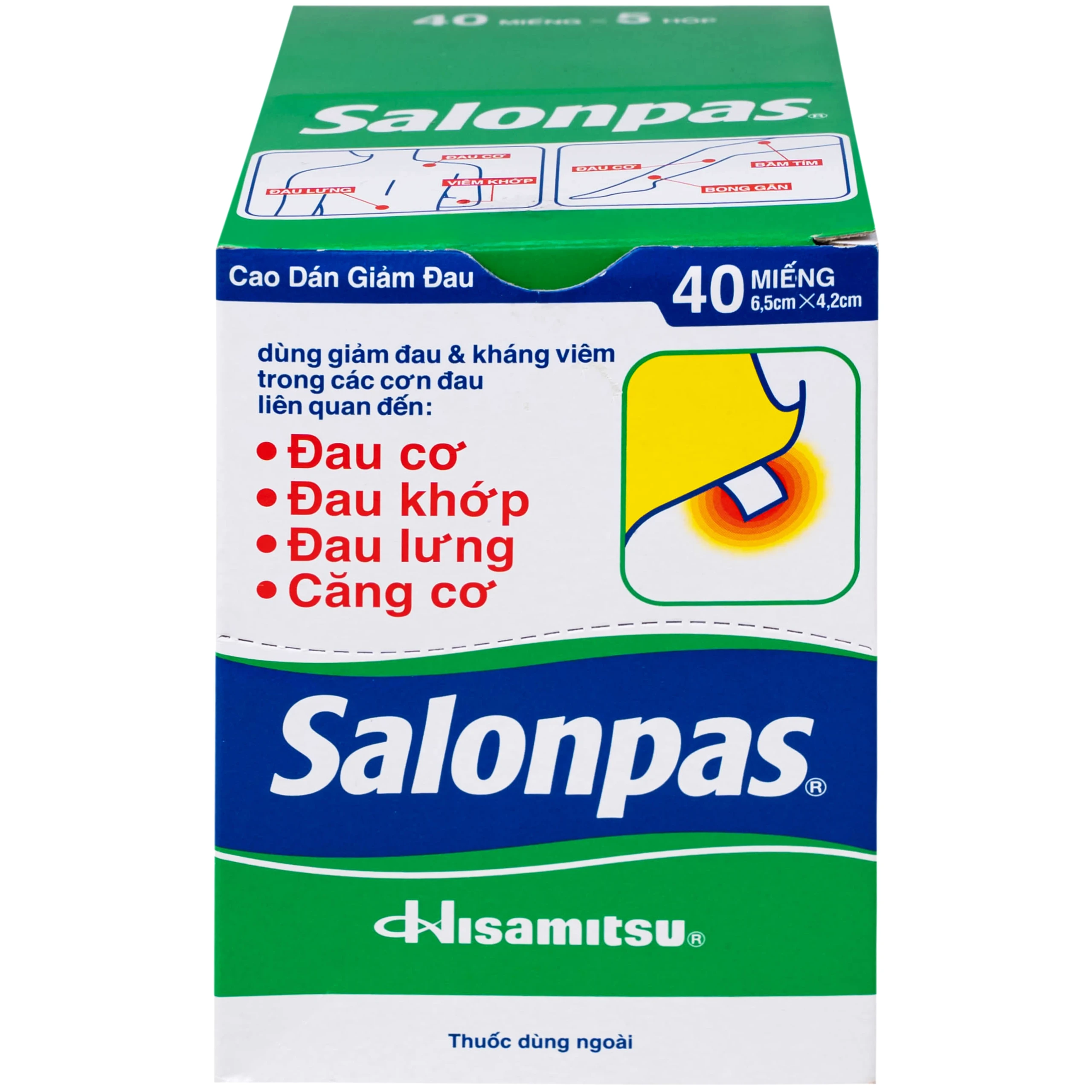 Thuốc Salonpas 6.5cm x 4.2cm Hisamitsu hỗ trợ giảm đau, kháng viêm (5 hộp x 4 gói)