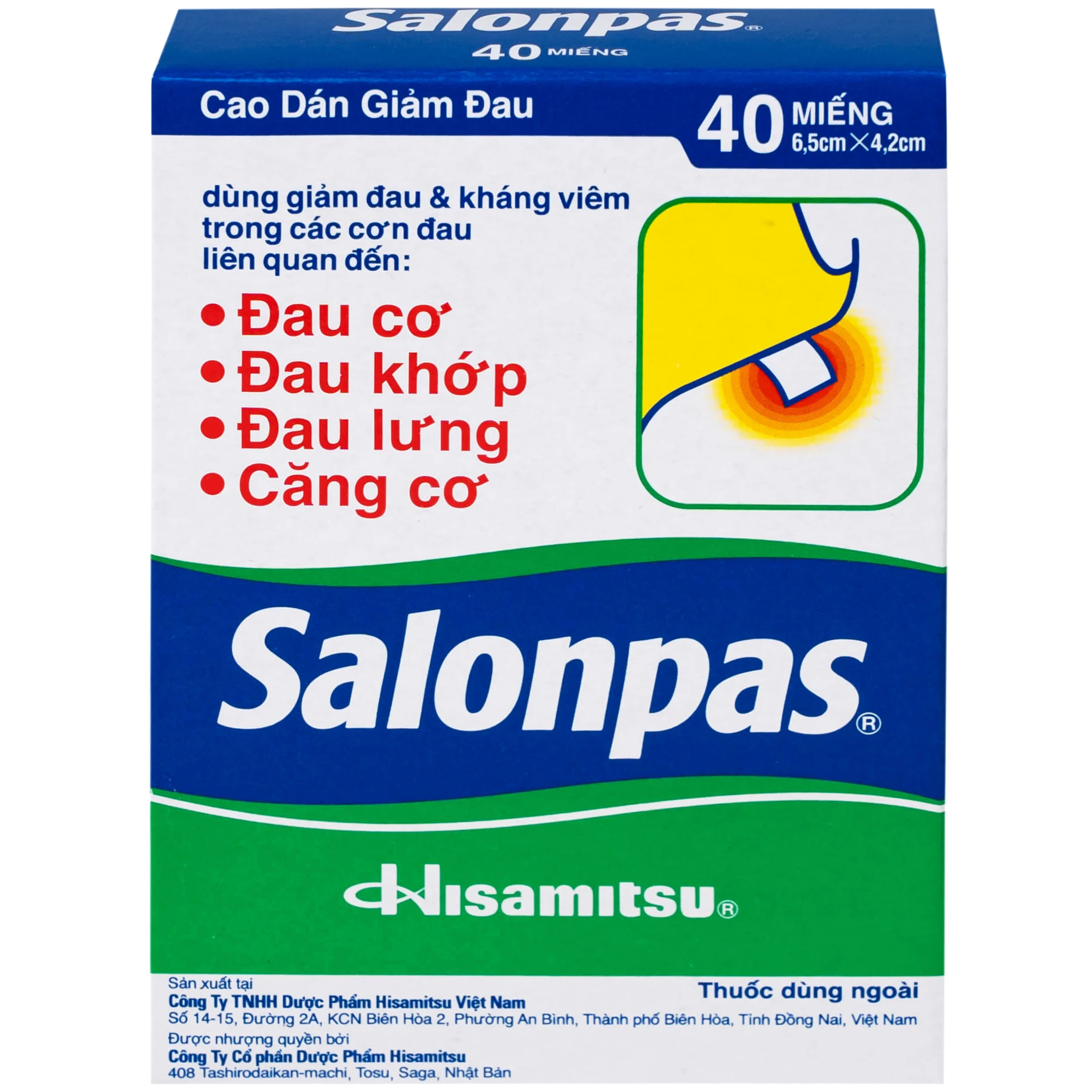 Thuốc Salonpas 6.5cm x 4.2cm Hisamitsu hỗ trợ giảm đau, kháng viêm (5 hộp x 4 gói)