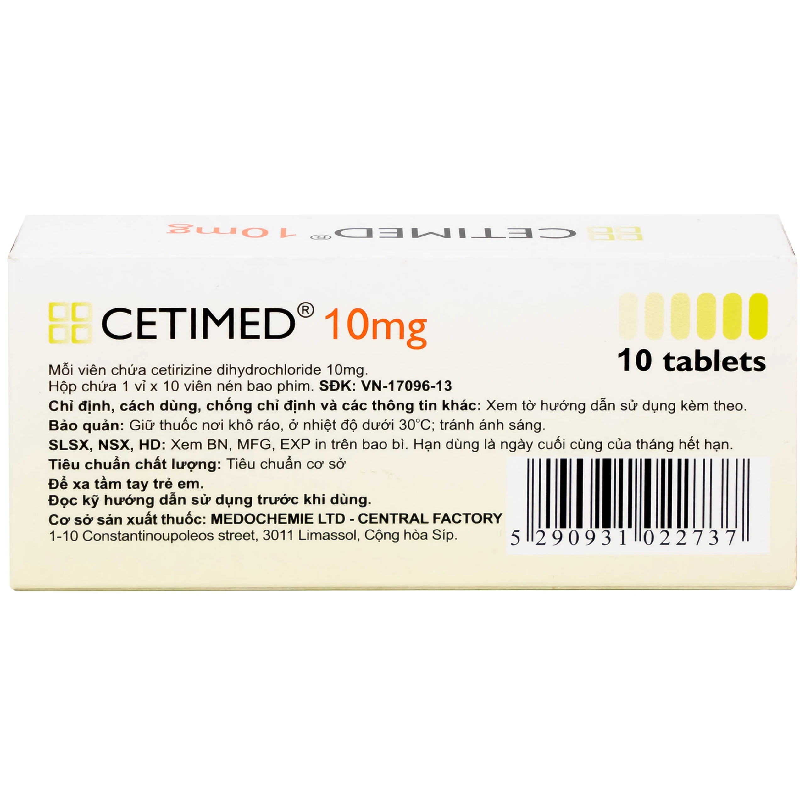Thuốc Cetimed 10mg Medochemie điều trị triệu chứng viêm mũi dị ứng (1 vỉ x 10 viên)