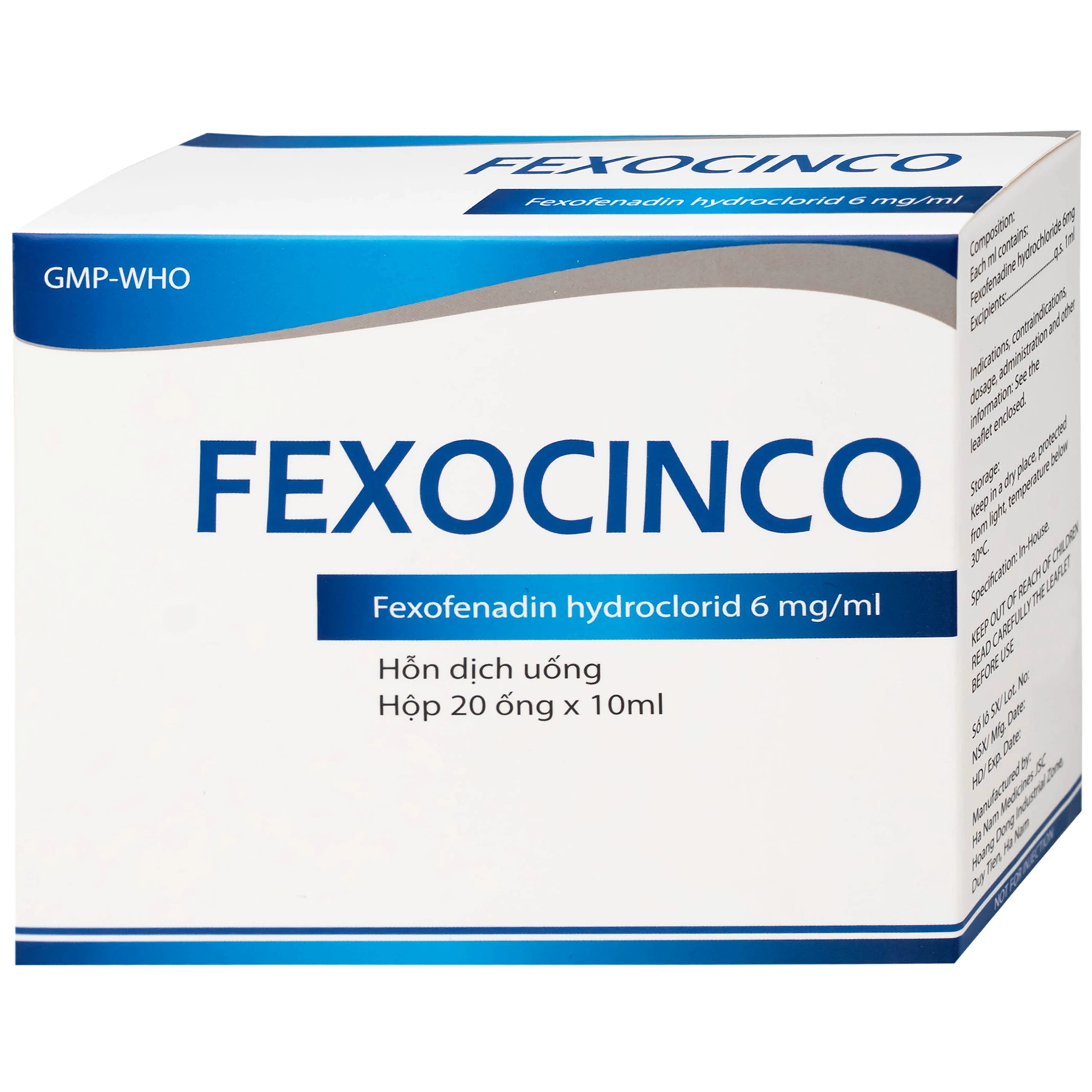 Thuốc Fexocinco 6mg Hà Nam điều trị triệu chứng viêm mũi dị ứng và mày đay mạn tính (20 ống x 10ml)