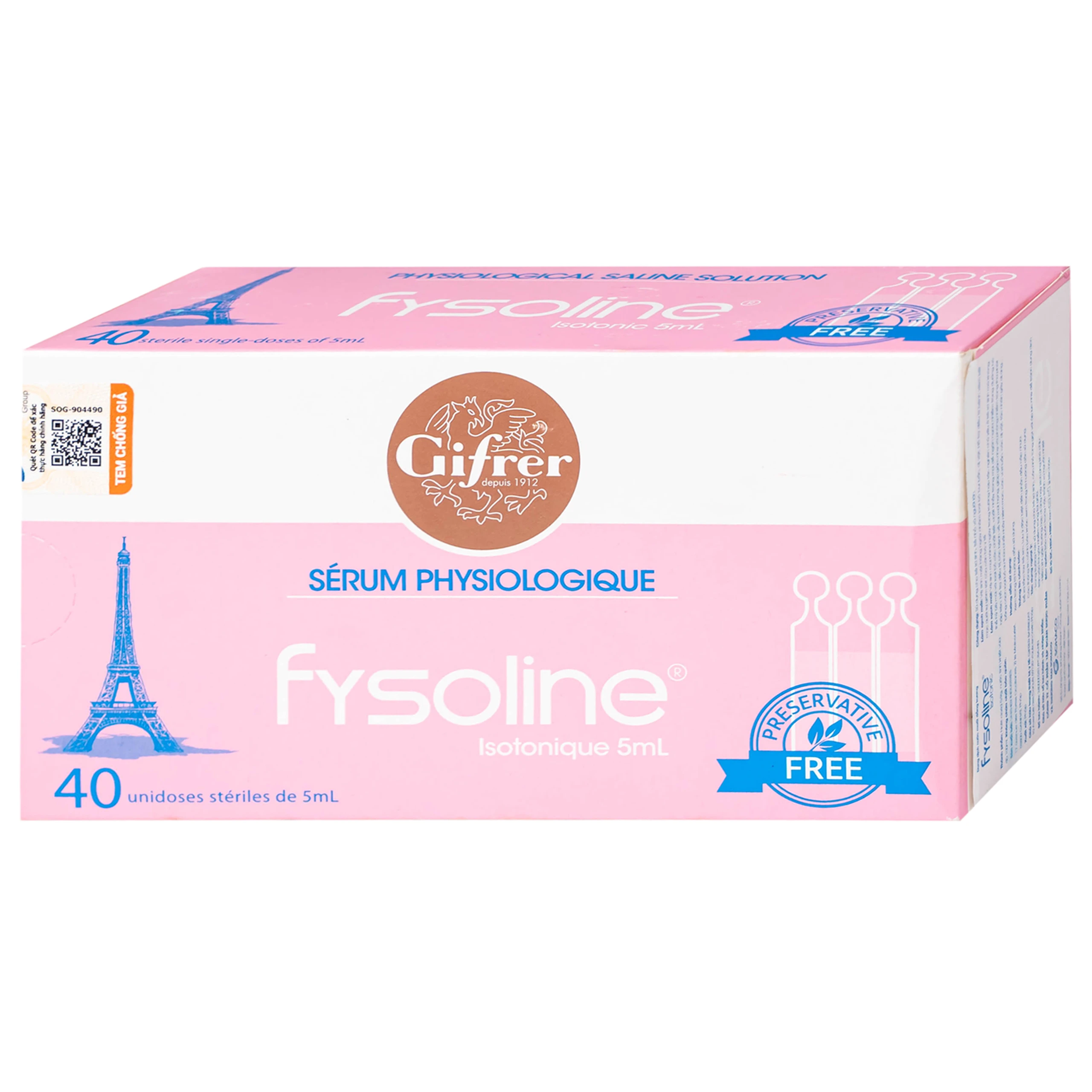 Nước muối sinh lý Fysoline Isotonique đẳng trương (40 ống x 5ml) giúp vệ sinh mắt mũi hàng ngày