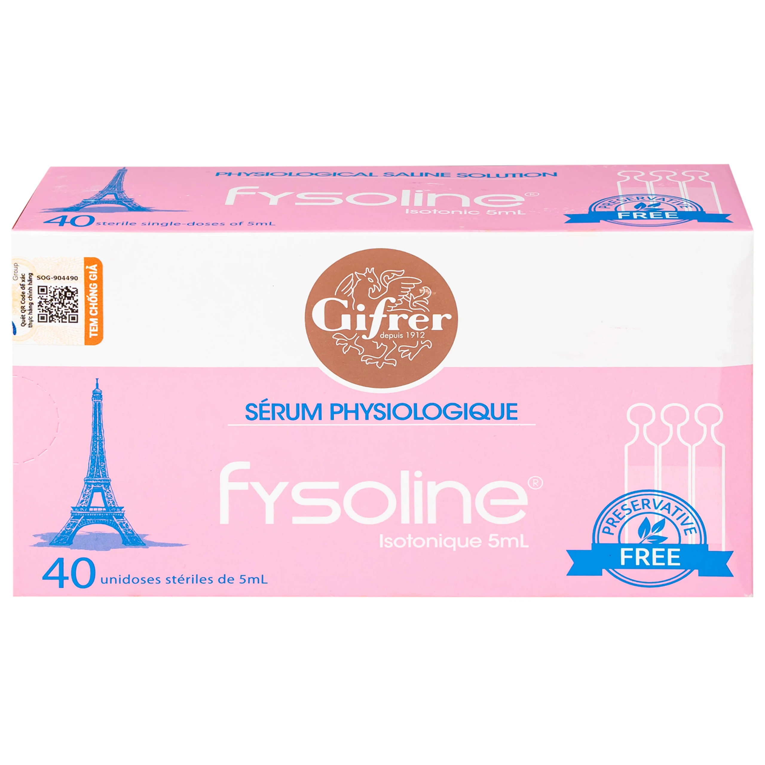 Nước muối sinh lý Fysoline Isotonique đẳng trương (40 ống x 5ml) giúp vệ sinh mắt mũi hàng ngày