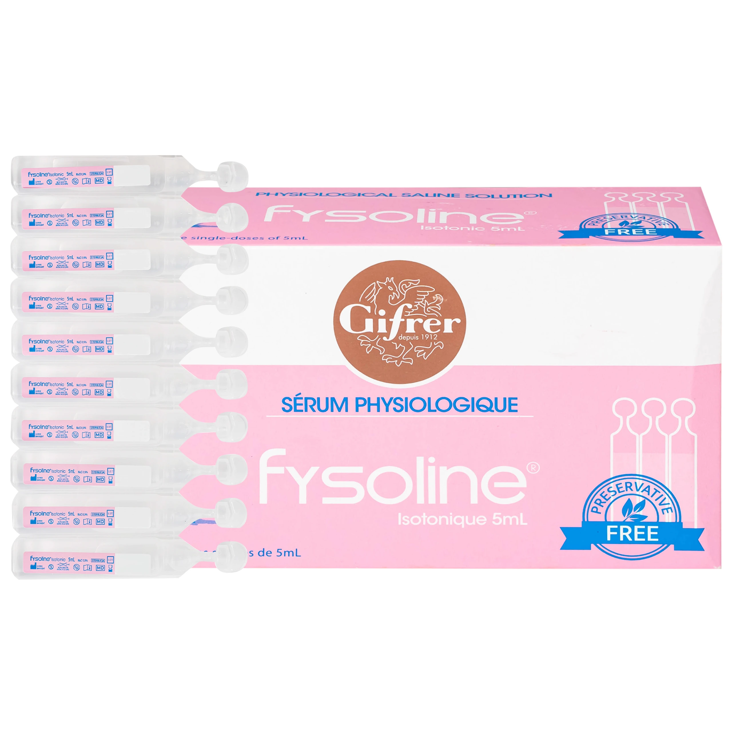 Nước muối sinh lý Fysoline Isotonique đẳng trương (40 ống x 5ml) giúp vệ sinh mắt mũi hàng ngày