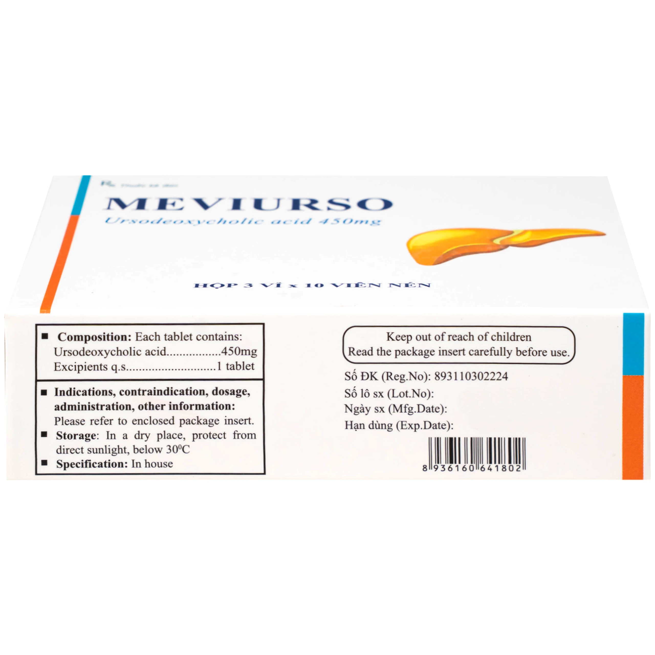 Thuốc Meviurso 450mg Hà Nam dùng để hòa tan sỏi cholesterol, viêm đường mật nguyên phát (3 vỉ x 10 viên)