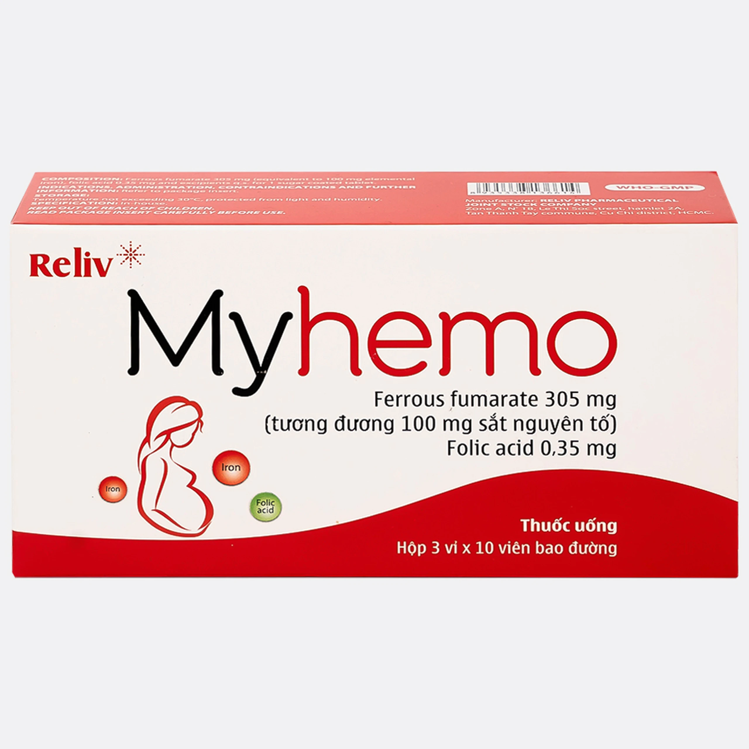 Thuốc Myhemo 305mg Reliv dự phòng thiếu sắt và folic acid (3 vỉ x 10 viên)