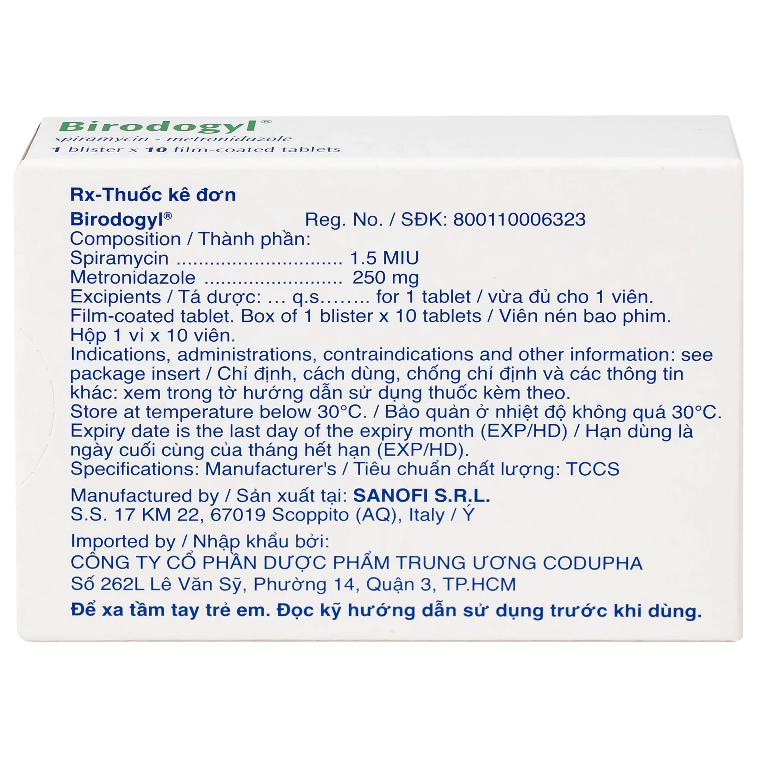 Thuốc Birodogyl 250mg Sanofi điều trị nhiễm trùng đường miệng cấp tính và mạn tính (1 vỉ x 10 viên)