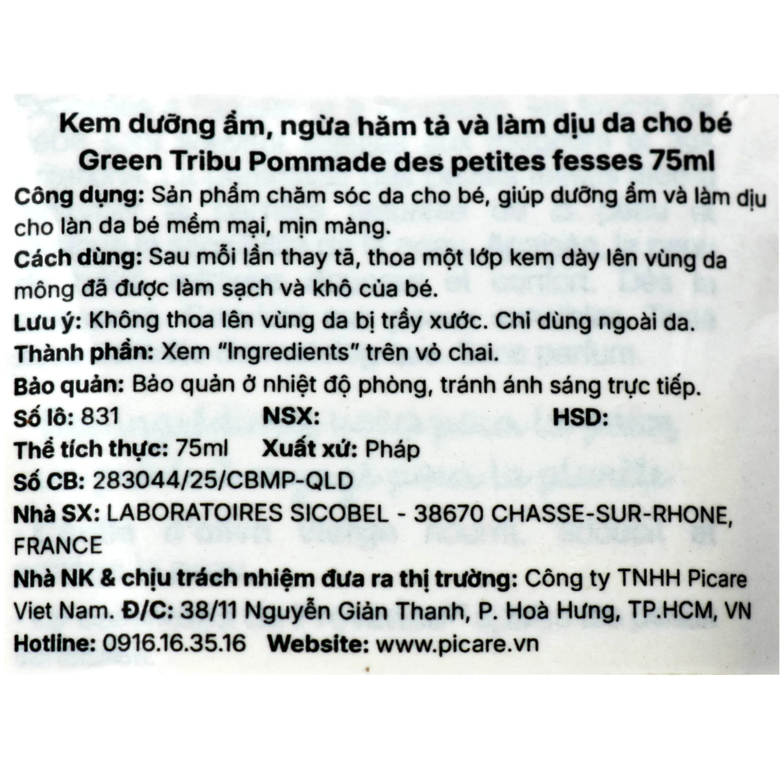 Kem bôi hữu cơ dịu da, hăm tã cho trẻ sơ sinh và trẻ nhỏ Green Tribu Pommade Des Petites Fesses (75ml)