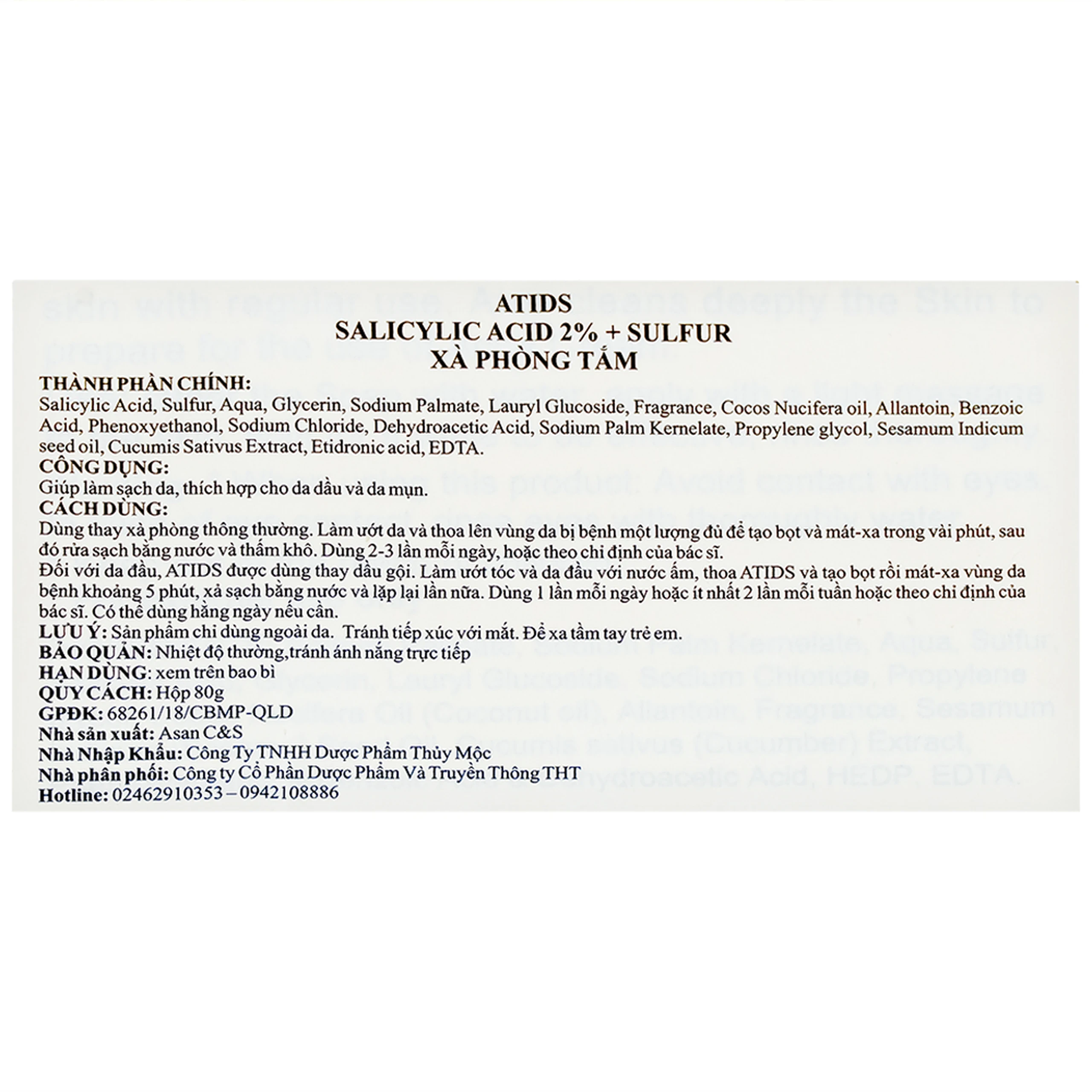 Xà phòng giảm mụn lưng Atids Salicylic Acid 2% + sulfur 80g