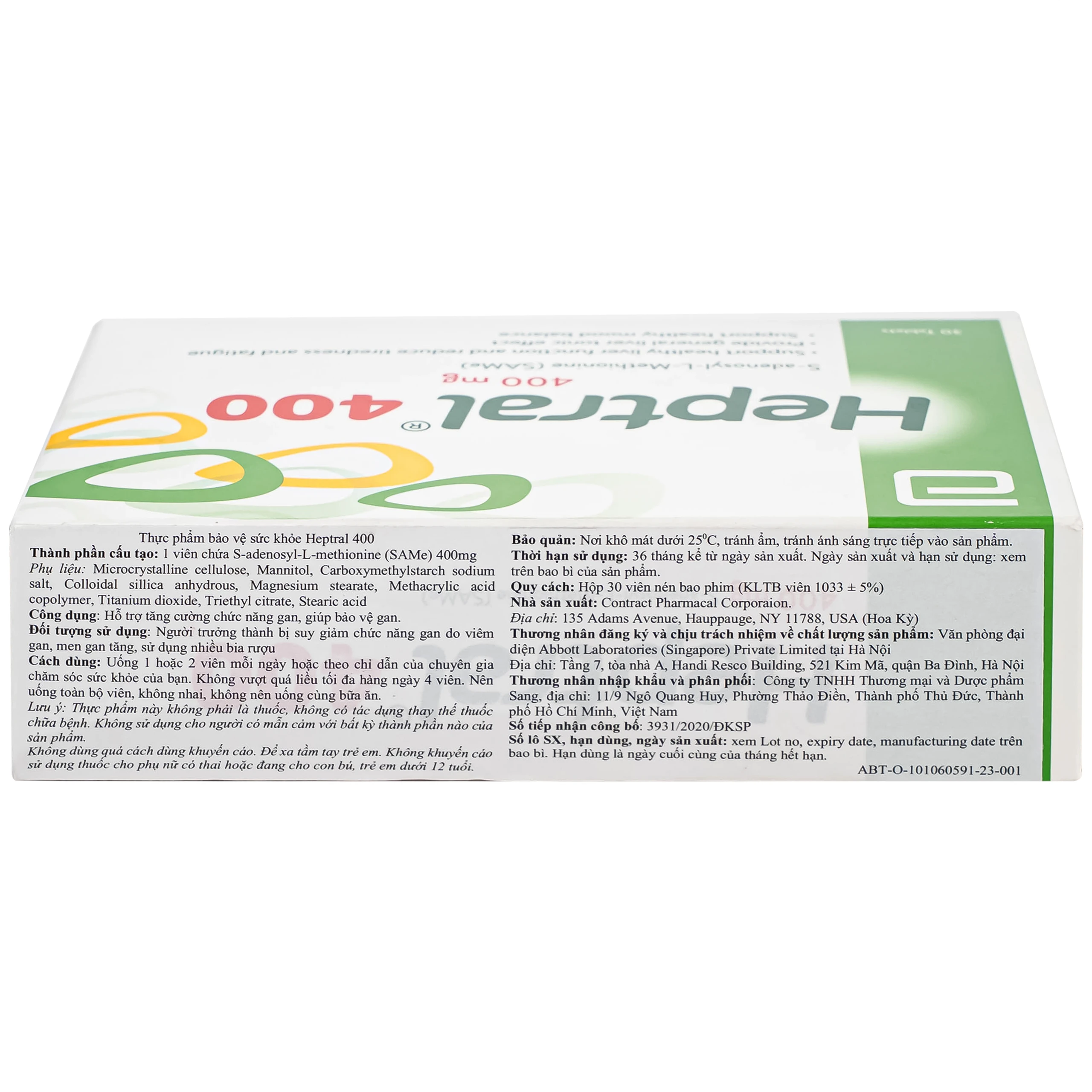 Heptral 400 Abbott hỗ trợ tăng cường chức năng gan, men gan tăng, sử dụng nhiều bia rượu (3 vỉ x 10 viên)