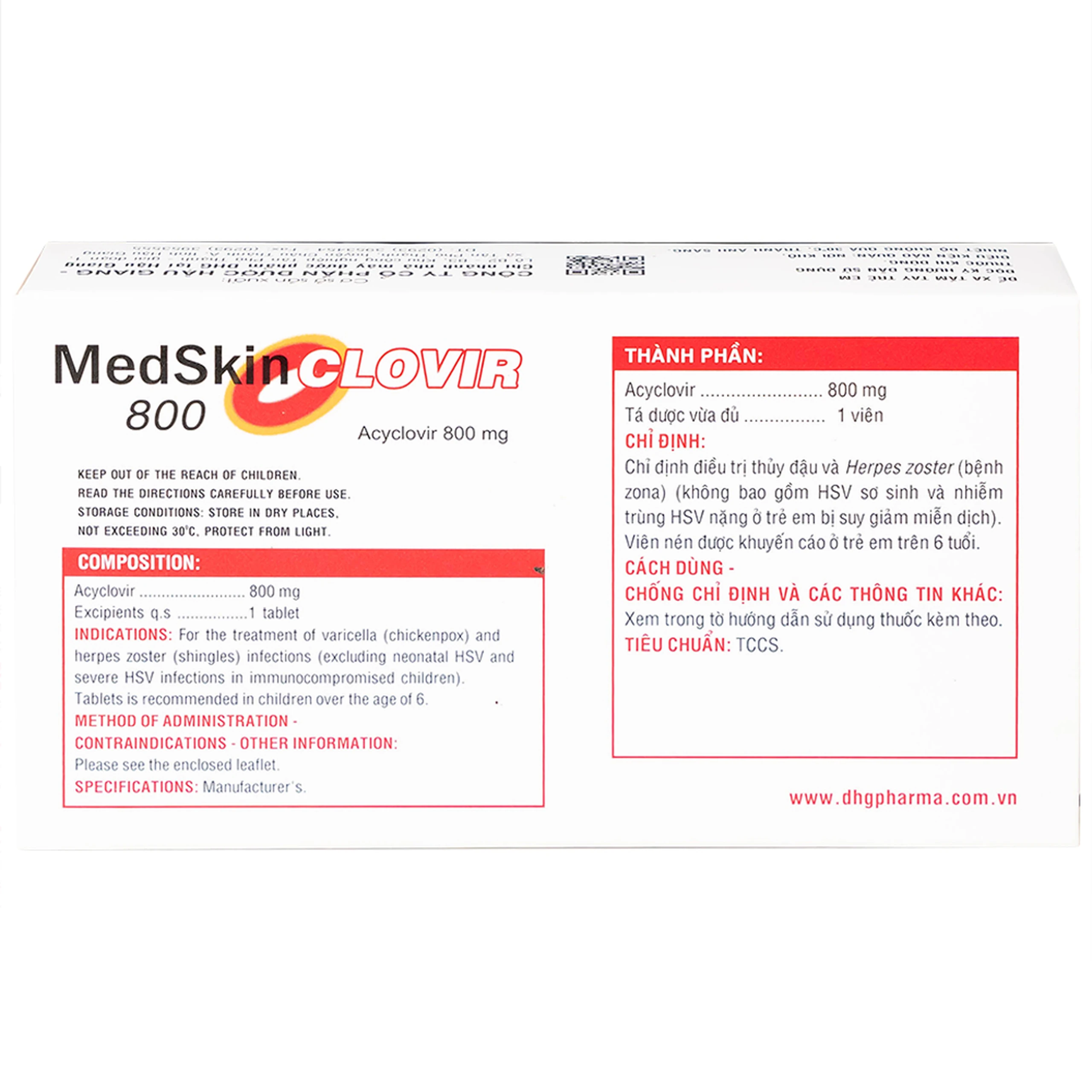 Thuốc MedSkin Clovir 800 DHG điều trị nhiễm virus Herpes simplex, bệnh thủy đậu, viêm phổi do Zona (3 vỉ x 10 viên)