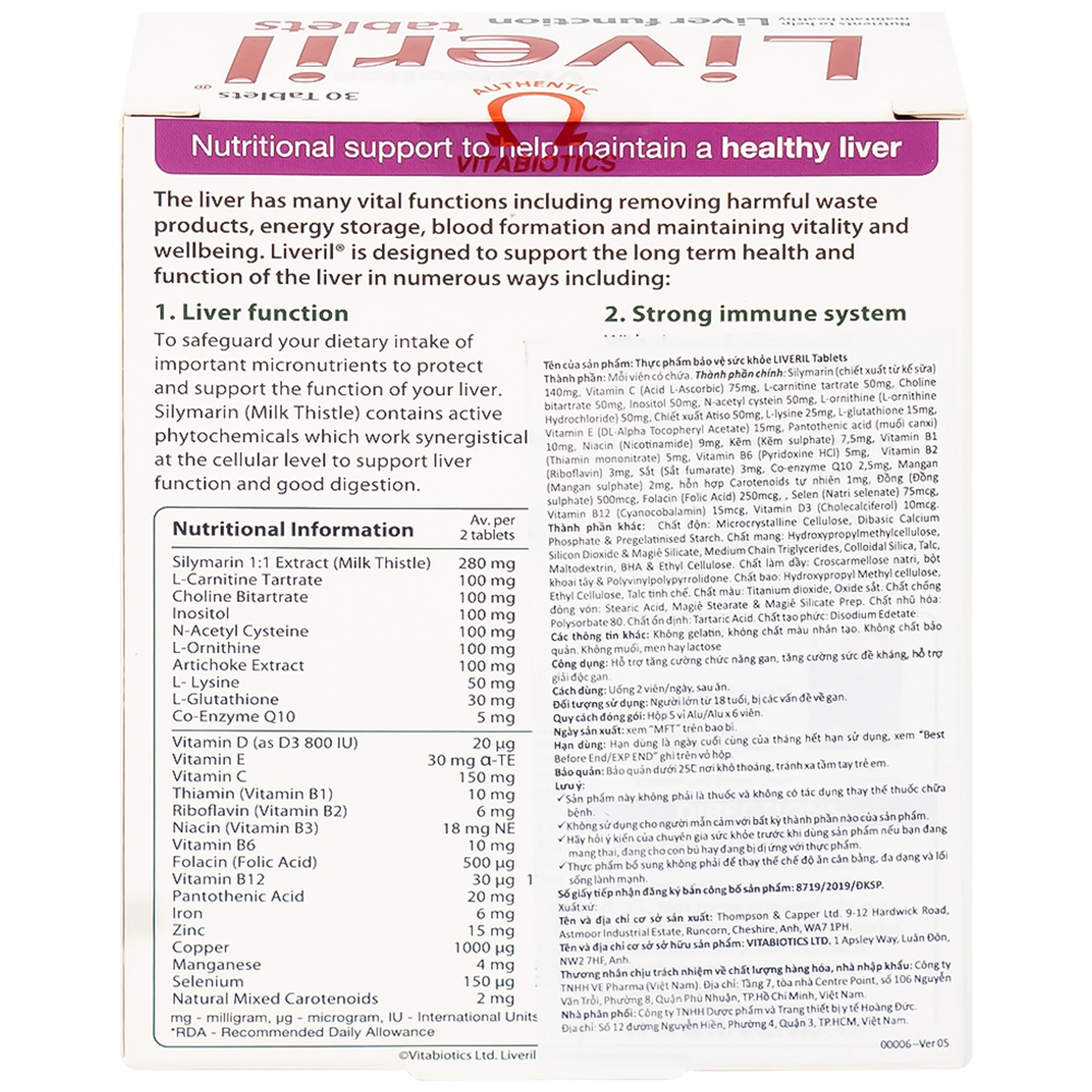 Viên uống hỗ trợ tăng cường chức năng gan Liveril Vitabiotics (5 vỉ x 6 viên)