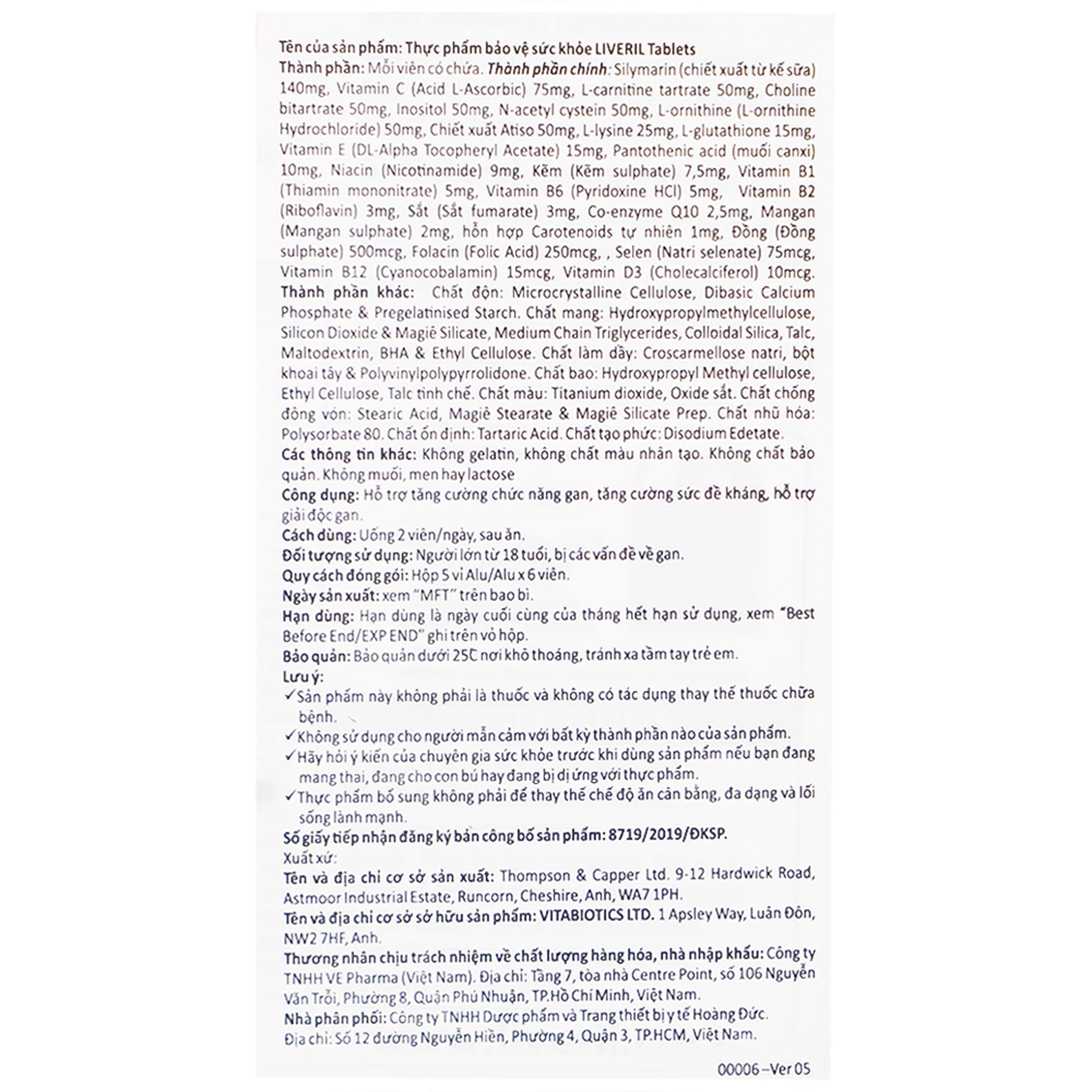 Viên uống hỗ trợ tăng cường chức năng gan Liveril Vitabiotics (5 vỉ x 6 viên)