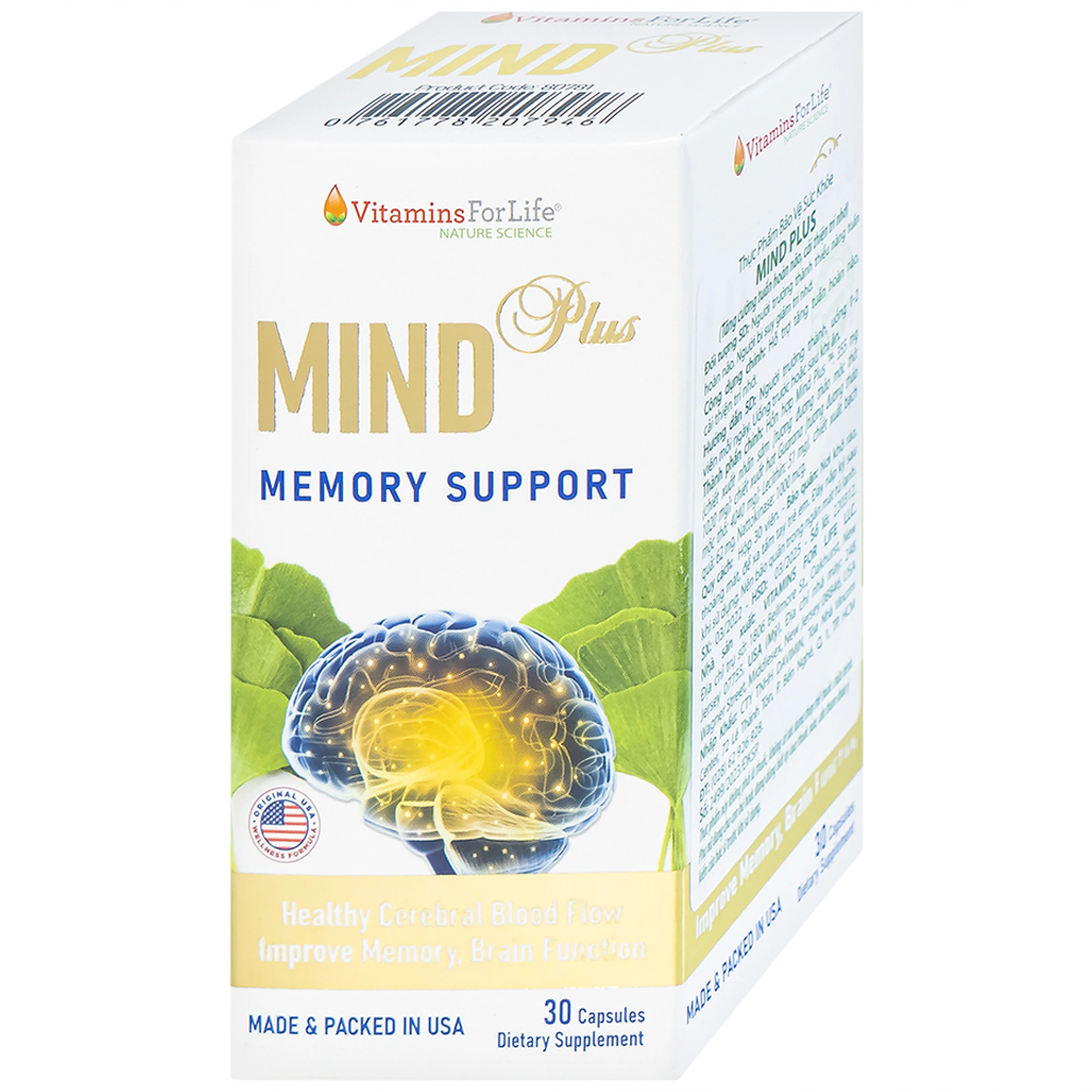 Viên uống hỗ trợ tăng tuần hoàn não, cải thiện trí nhớ Mind Plus Vitamins For Life (30 viên)
