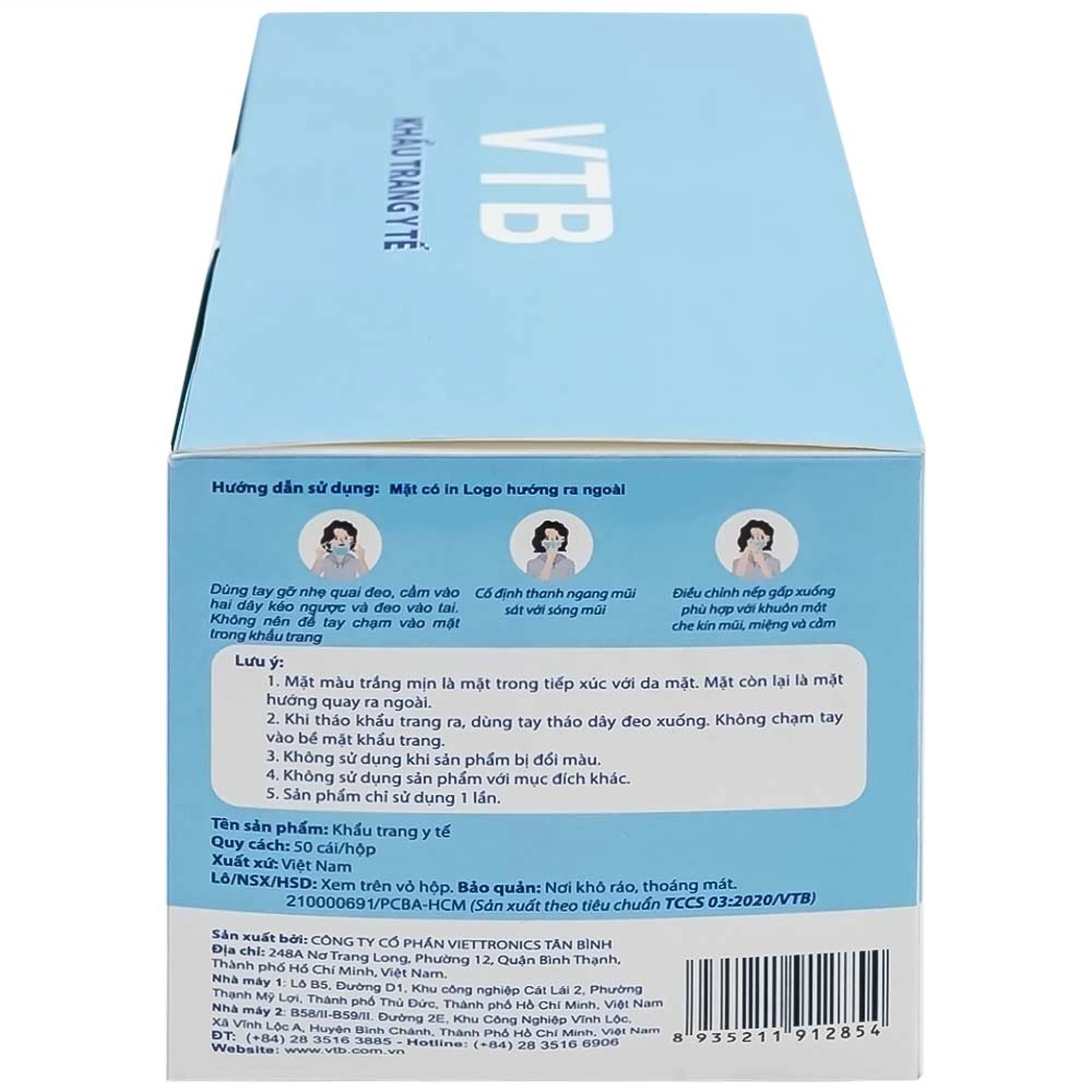 Khẩu trang 3 lớp VTB màu trắng (50 cái) ngăn khói bụi, vi khuẩn