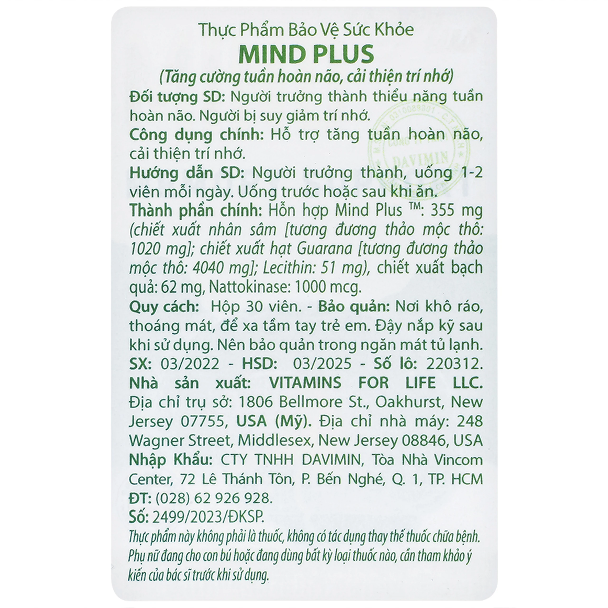 Viên uống hỗ trợ tăng tuần hoàn não, cải thiện trí nhớ Mind Plus Vitamins For Life (30 viên)