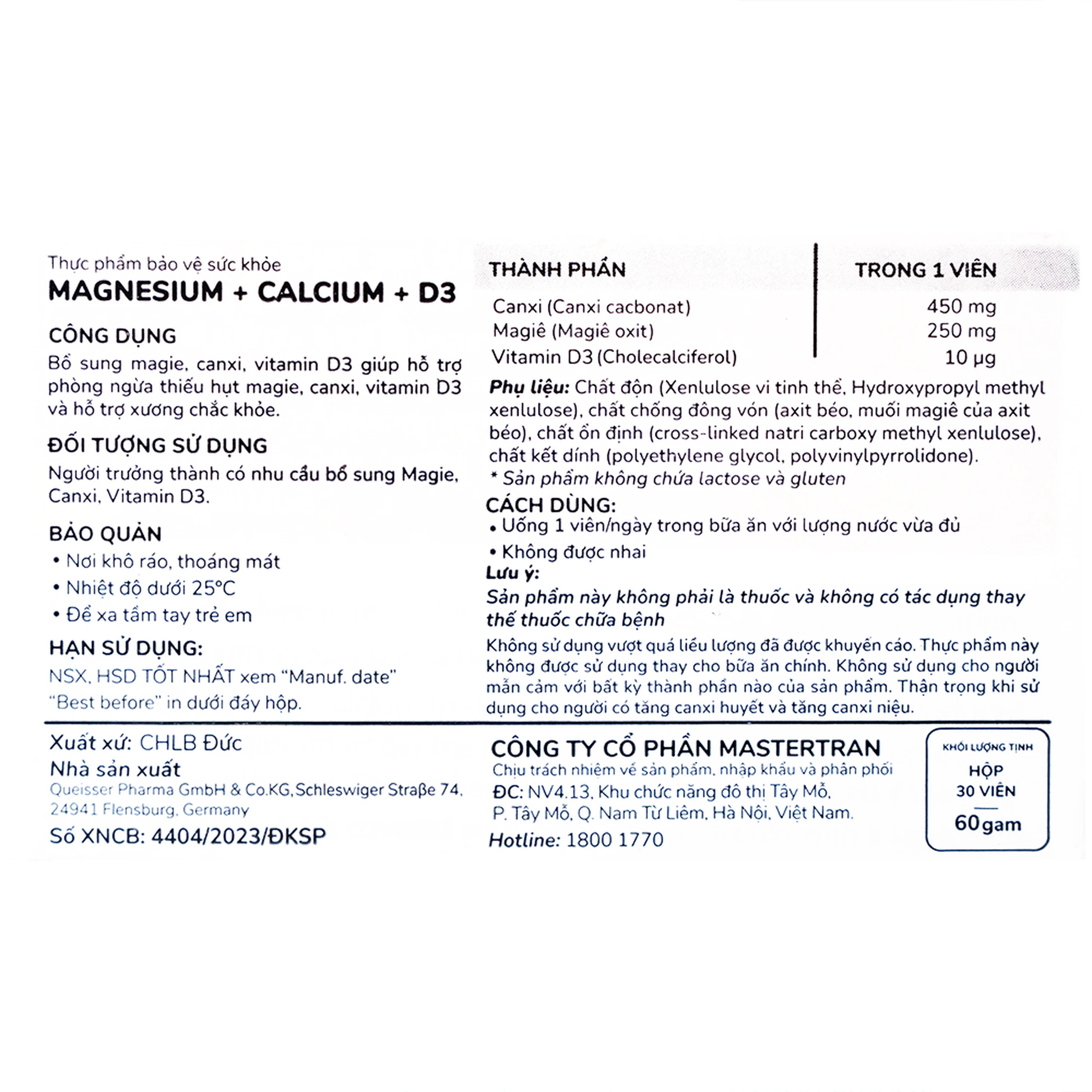 Viên hỗ trợ cơ xương Magnesium+Calcium+D3 Doppelherz (3 vỉ x 10 viên)