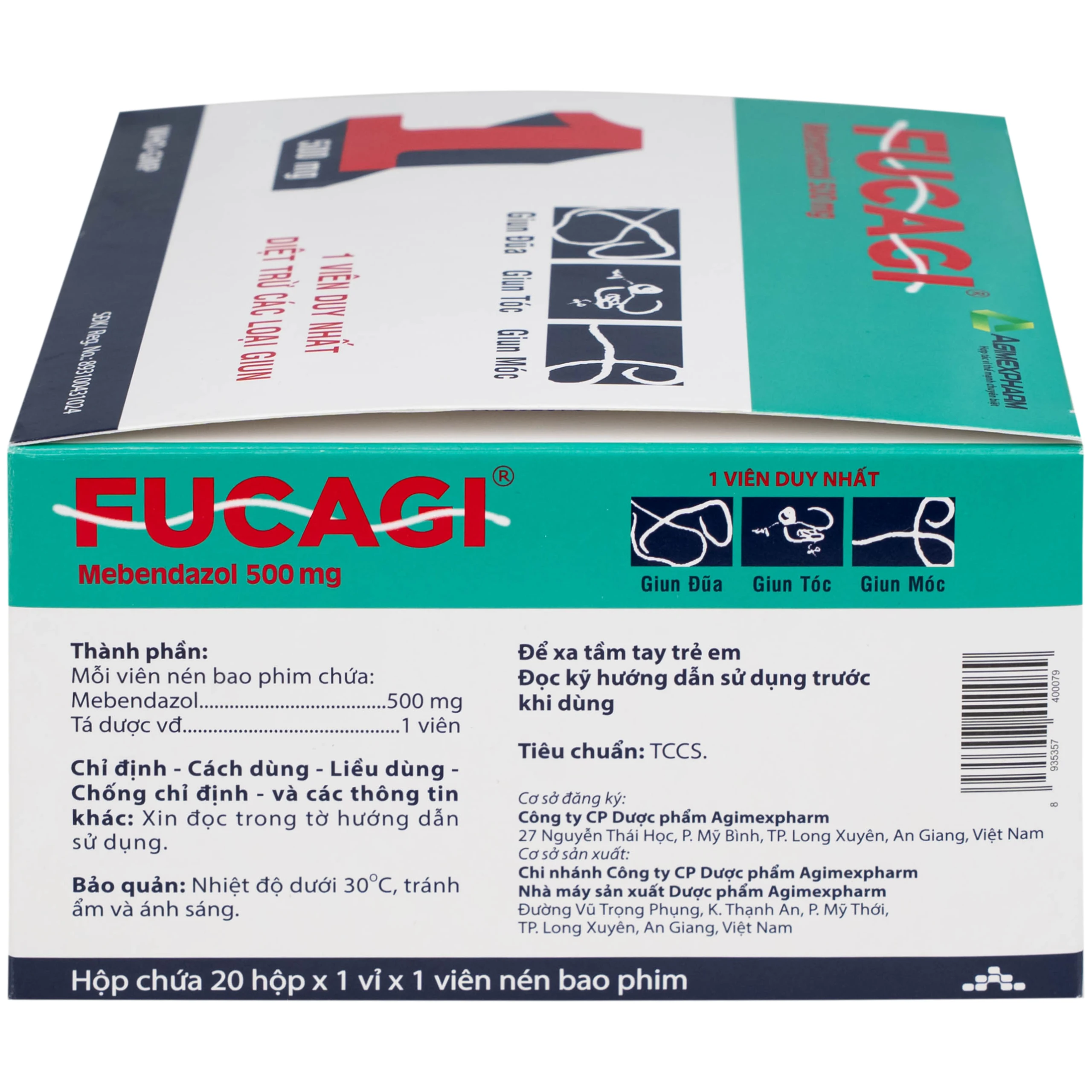 Thuốc Fucagi 500mg Agimexpharm điều trị nhiễm một hoặc nhiều loại giun đường ruột (1 viên)