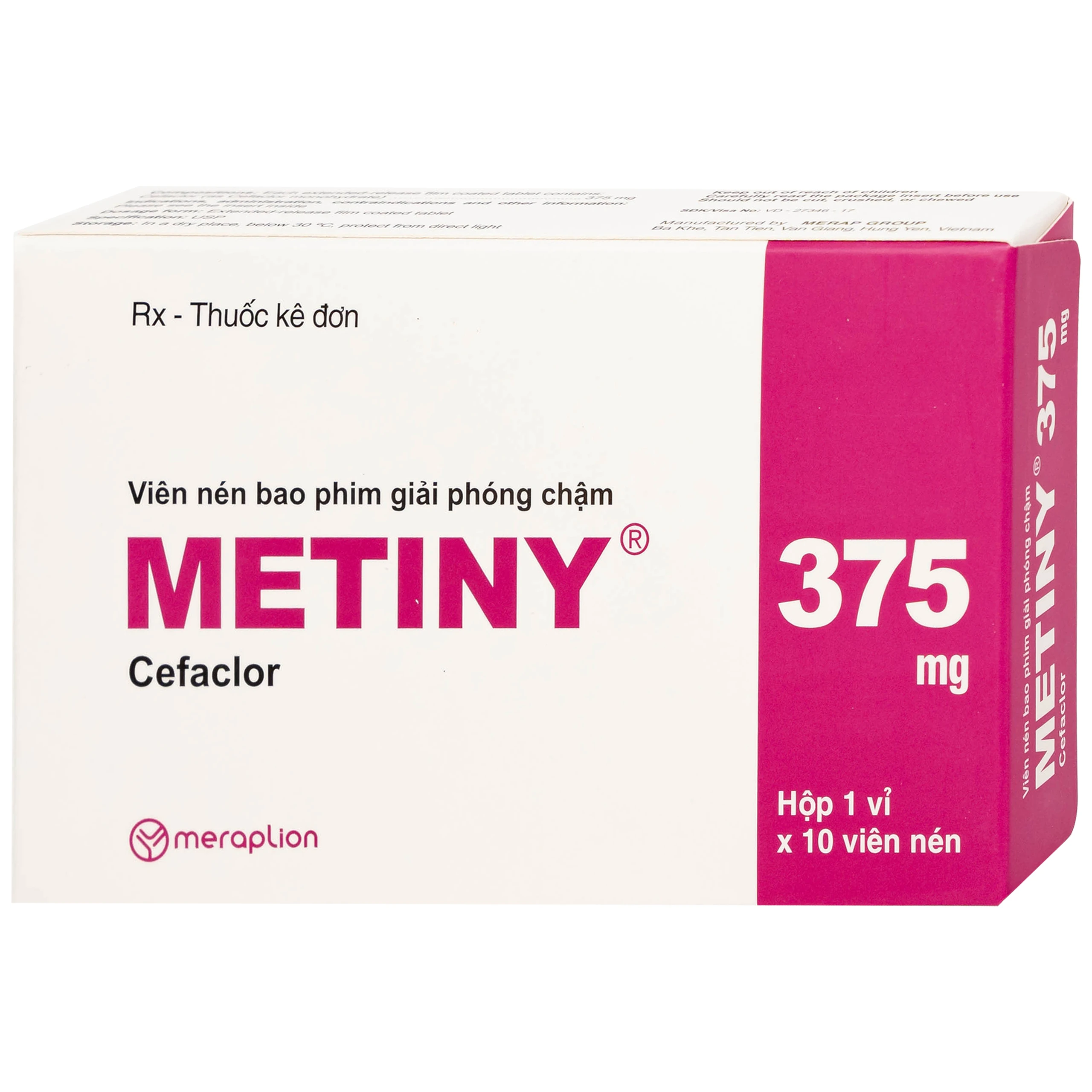 Thuốc Metiny 375mg Merap Group điều trị các bệnh lý nhiễm trùng viêm phế quản cấp (1 vỉ x 10 viên)