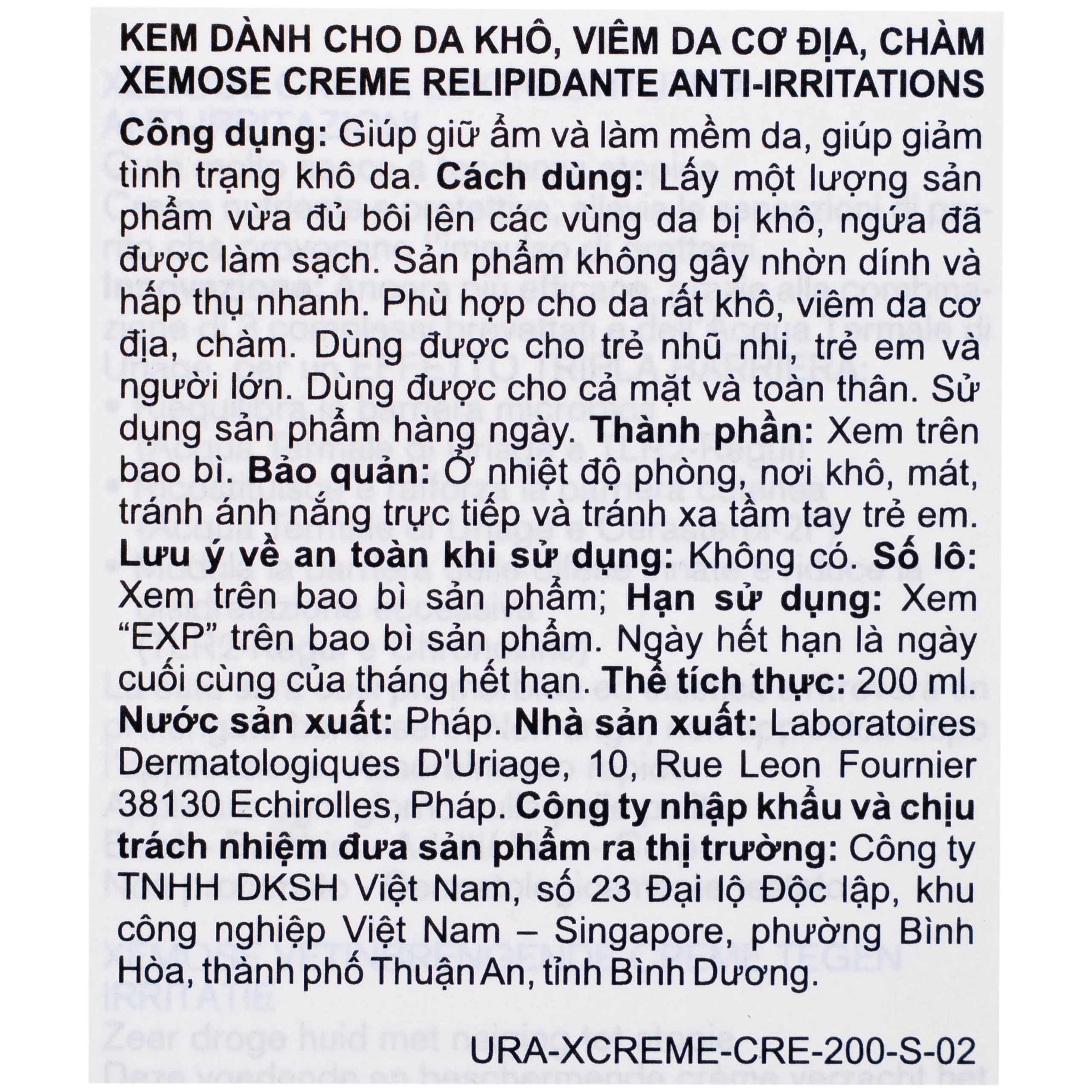 Kem bôi viêm da cơ địa Uriage Xemose Crème Replipidante Anti-irriations 200ml