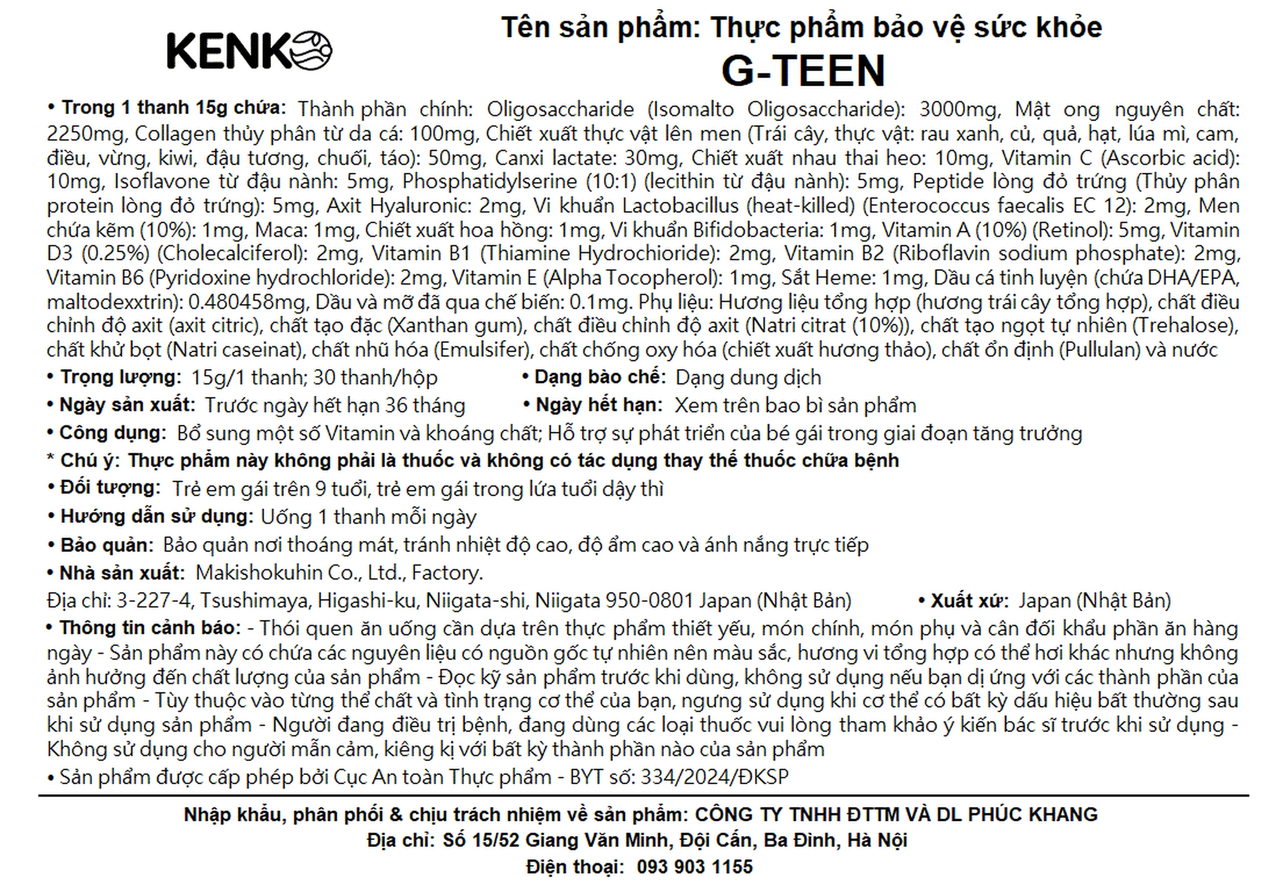 Siro bổ sung vitamin và khoáng chất cho bé gái trong giai đoạn tăng trưởng G-TEEN Kenko (30 gói x 15g)