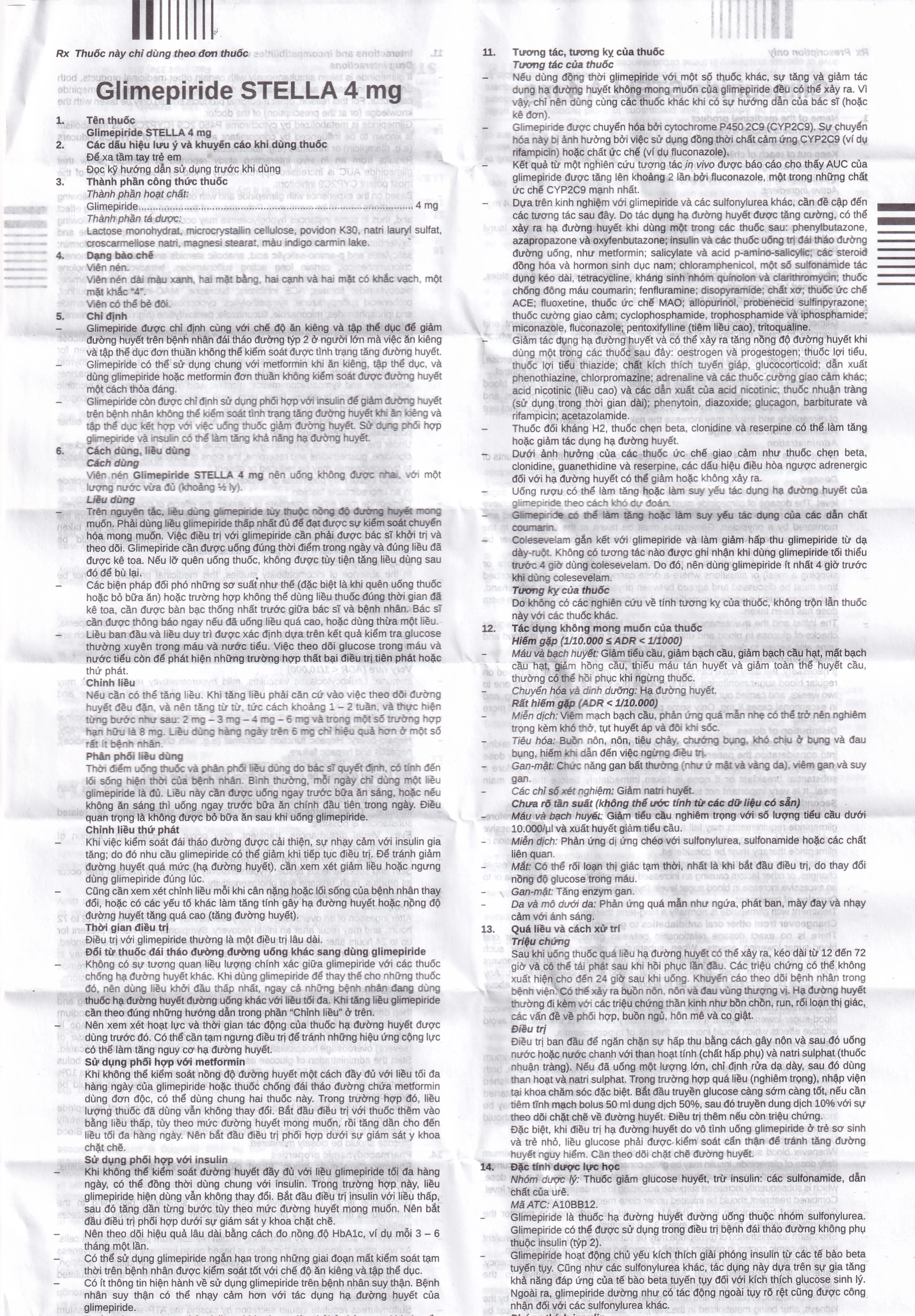 Thuốc Glimepiride 4mg Stella Pharm giảm đường huyết cho bệnh đái tháo đường típ 2 (6 vỉ x 10 viên)