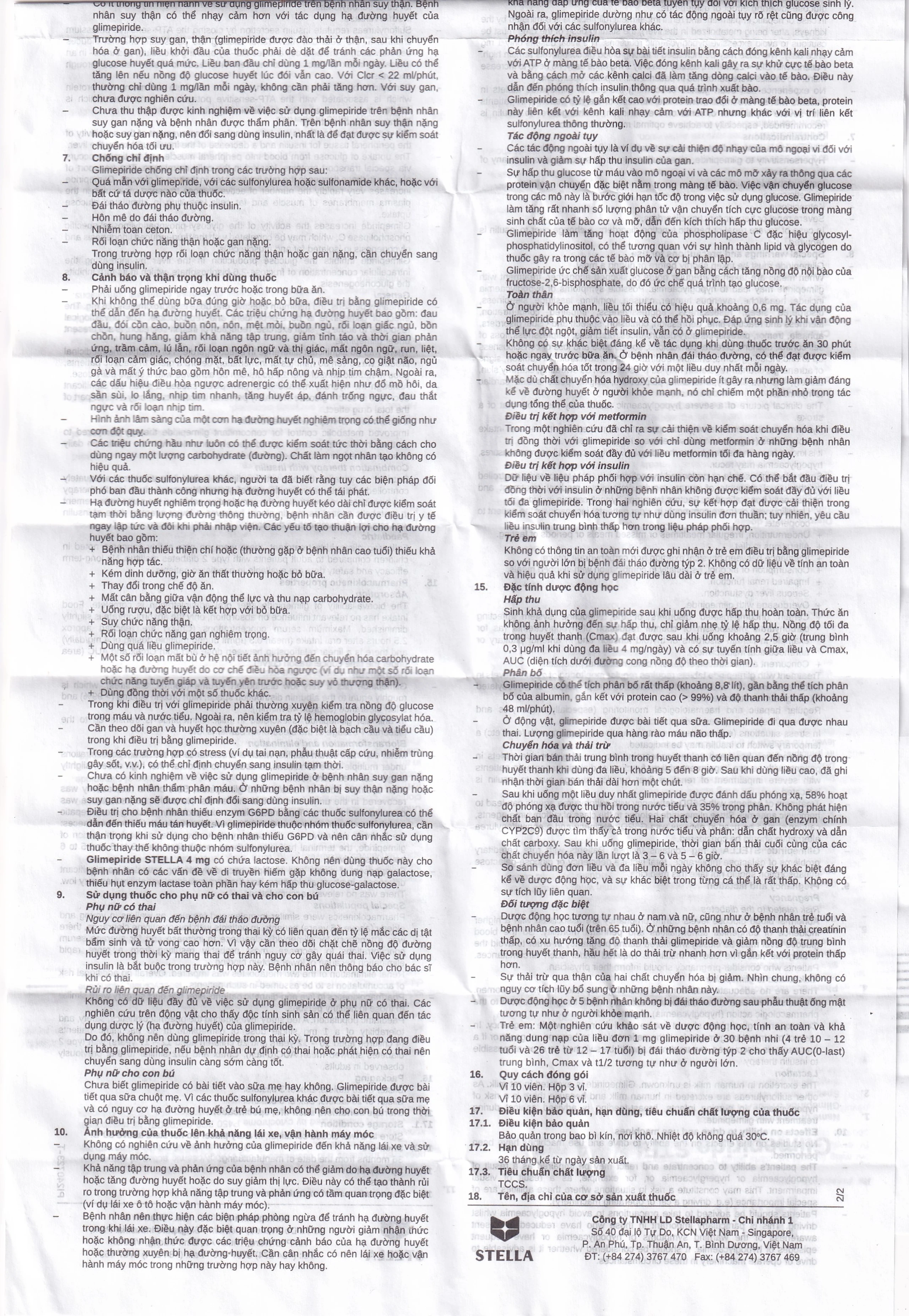 Thuốc Glimepiride 4mg Stella Pharm giảm đường huyết cho bệnh đái tháo đường típ 2 (6 vỉ x 10 viên)