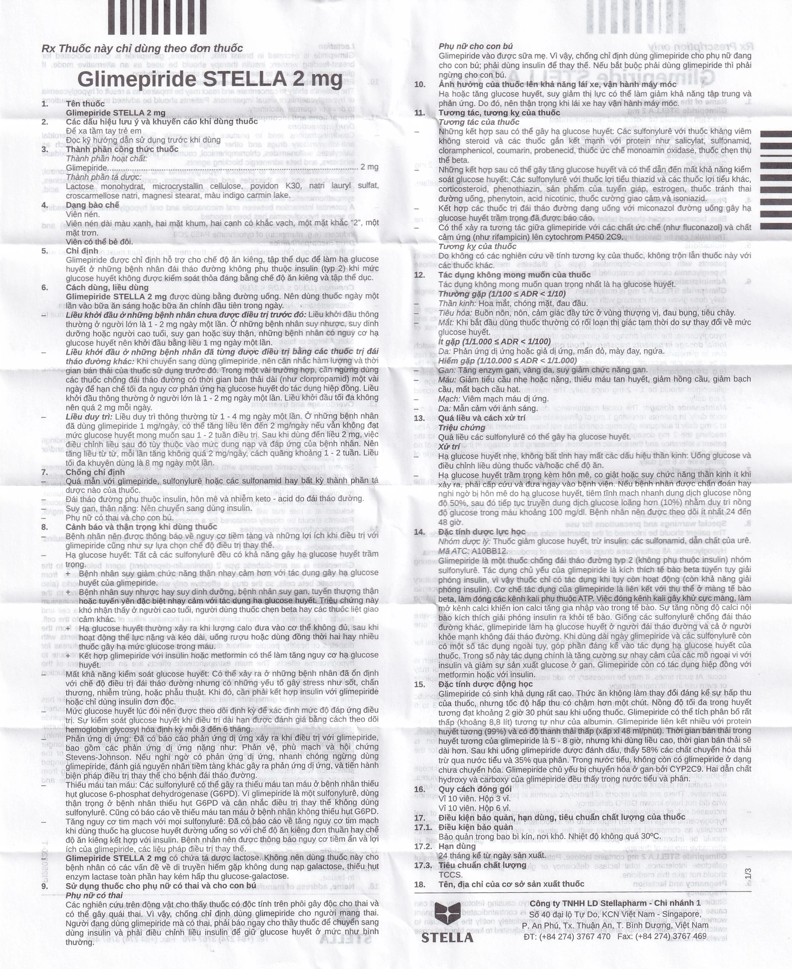 Thuốc Glimepiride Stella 2mg kiểm soát đường huyết cao ở bệnh tiểu đường típ 2 (3 vỉ x 10 viên)